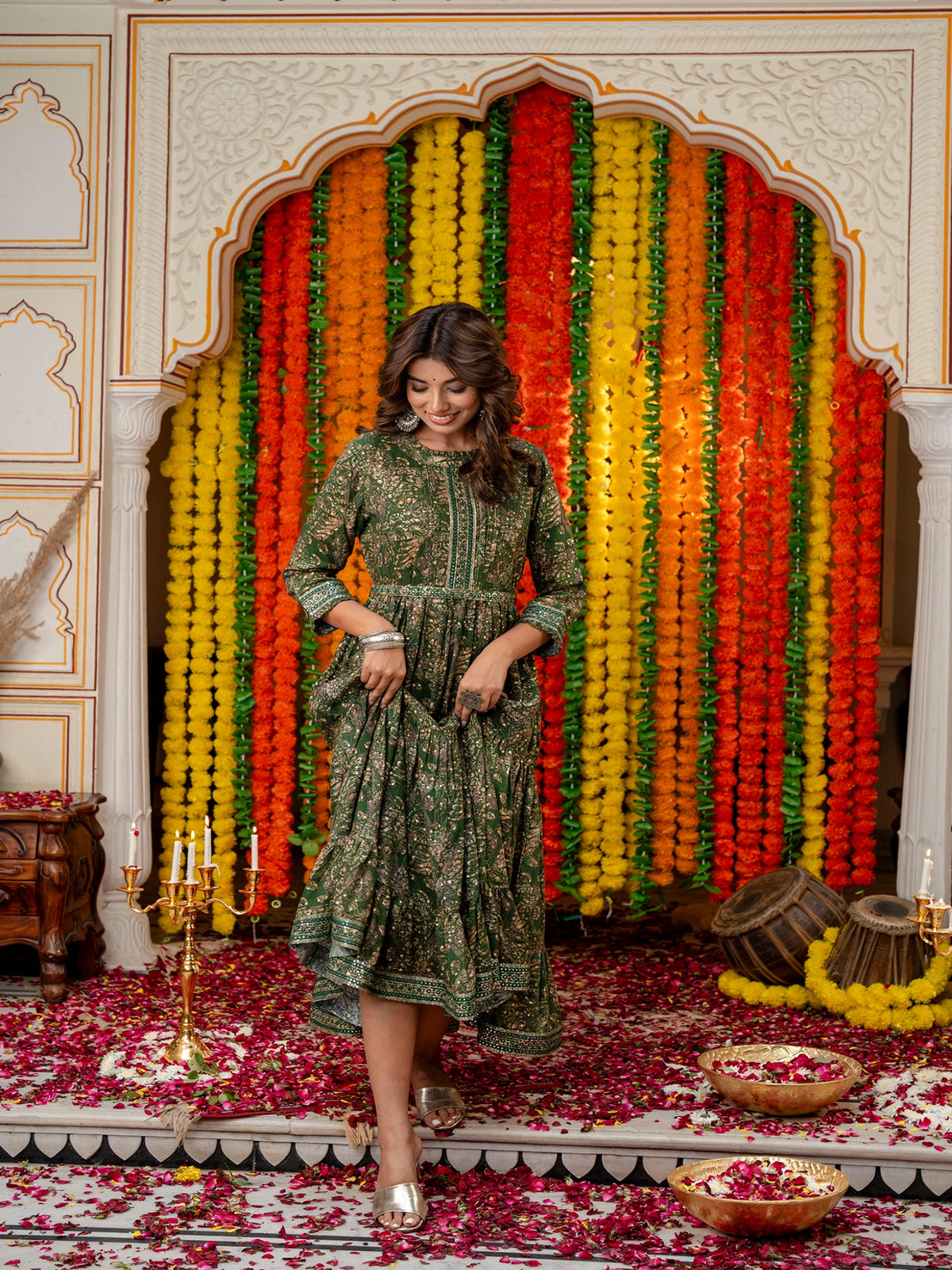 Rangvastra Green & Red Ethnic Motif Rayon Foil Anarkali Gown
