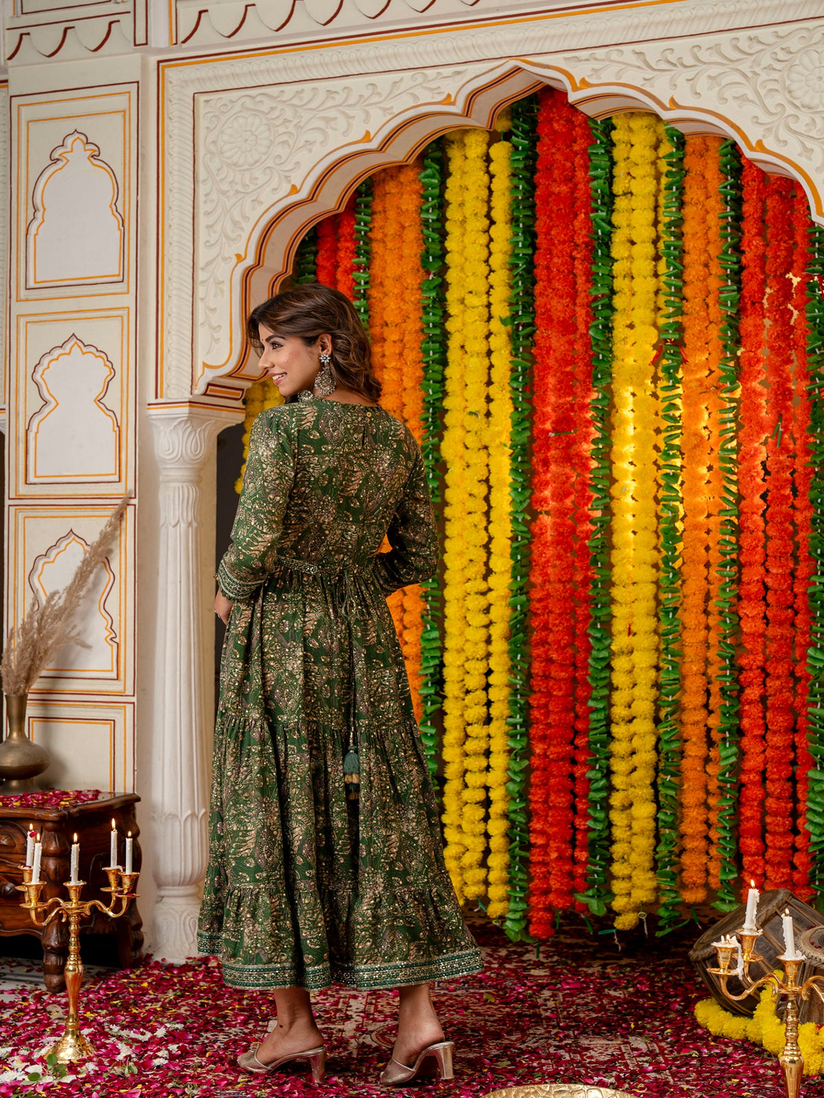 Rangvastra Green & Red Ethnic Motif Rayon Foil Anarkali Gown