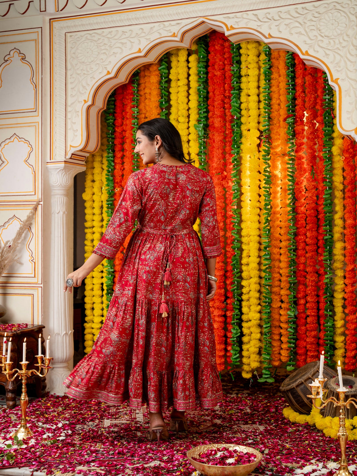 Rangvastra Green & Red Ethnic Motif Rayon Foil Anarkali Gown