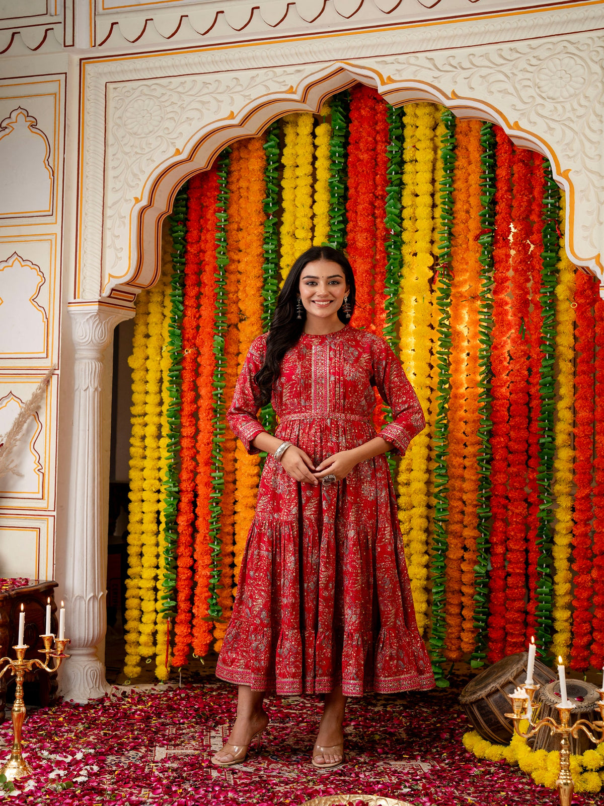 Rangvastra Green & Red Ethnic Motif Rayon Foil Anarkali Gown