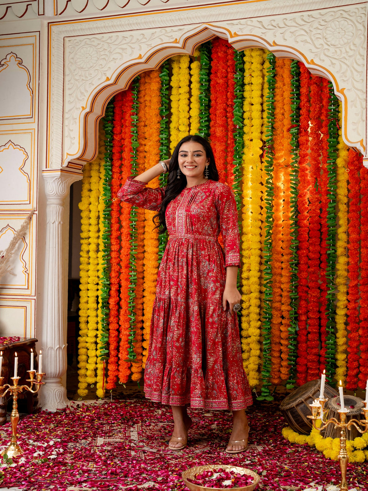 Rangvastra Green & Red Ethnic Motif Rayon Foil Anarkali Gown