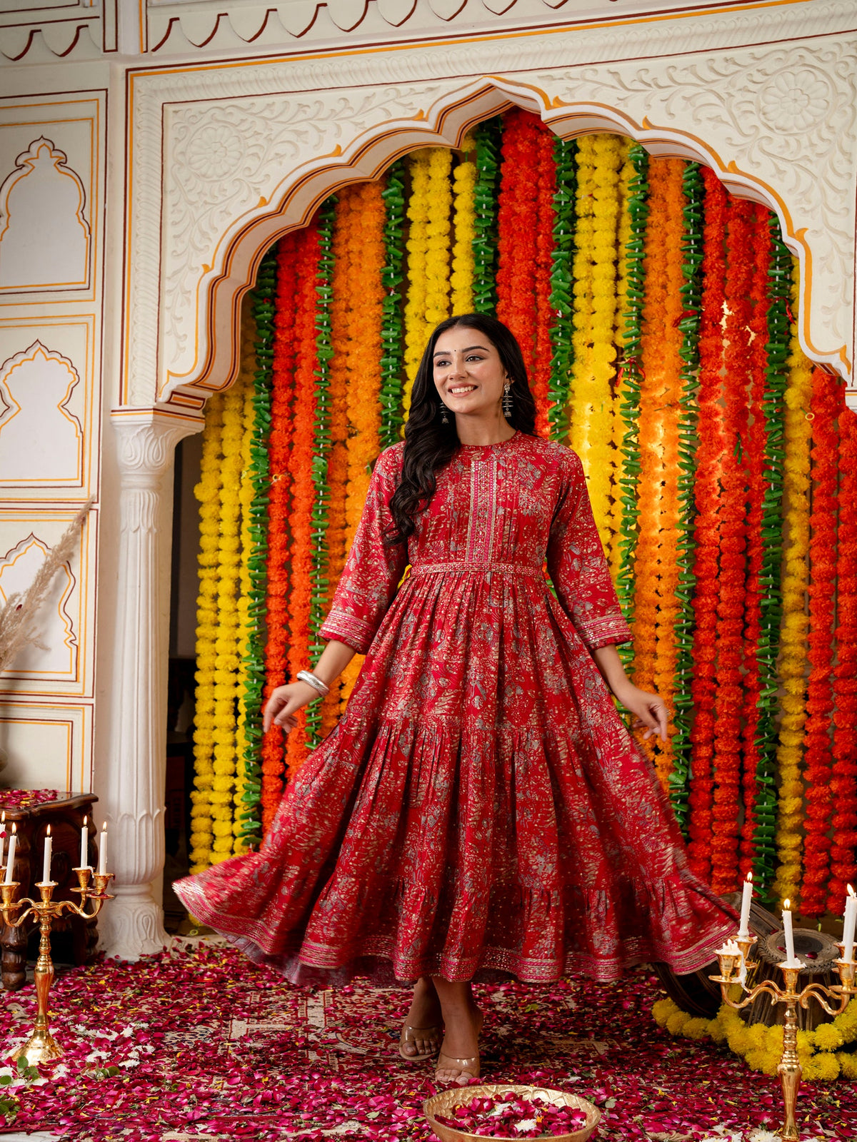 Rangvastra Green & Red Ethnic Motif Rayon Foil Anarkali Gown