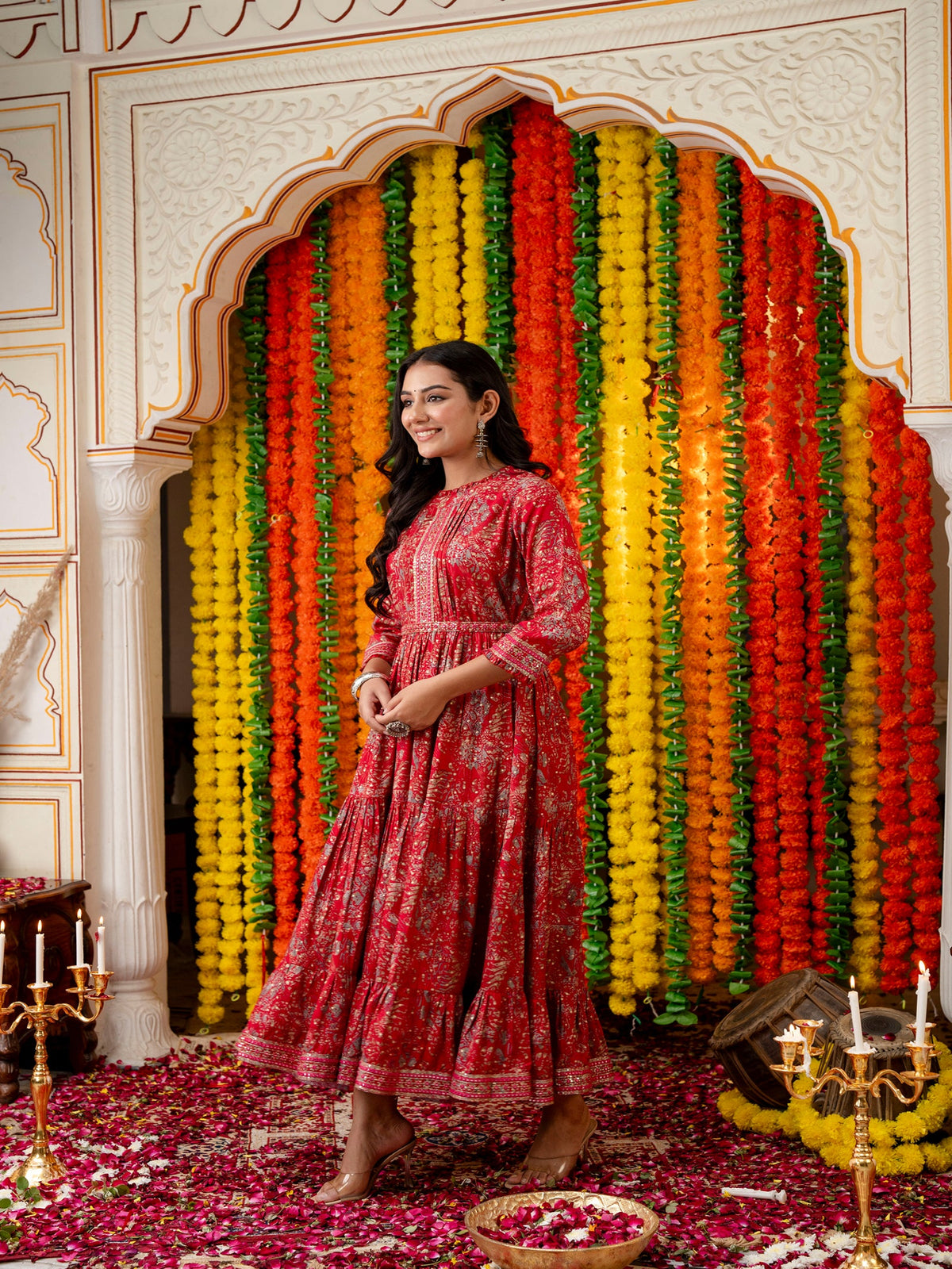 Rangvastra Green & Red Ethnic Motif Rayon Foil Anarkali Gown