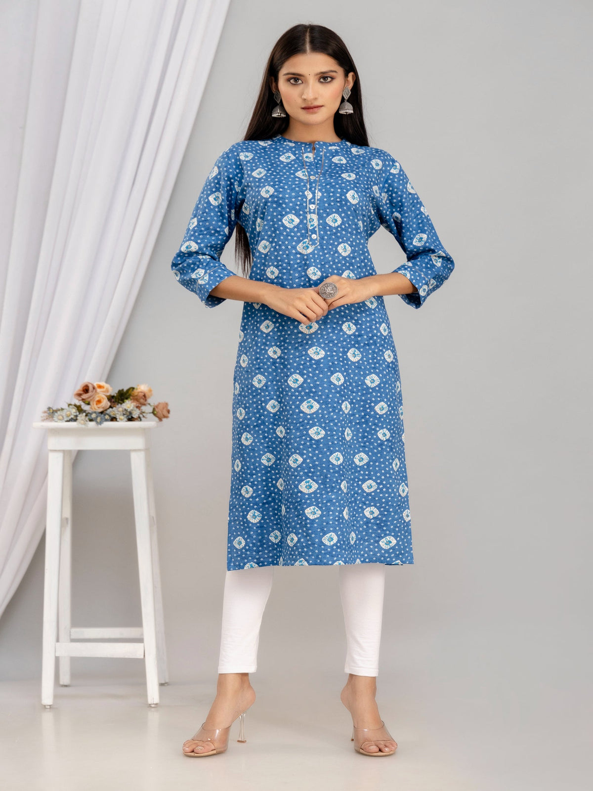 Rangvastra Blue & Pink Bandhani Rayon Straight Kurta with Sequins