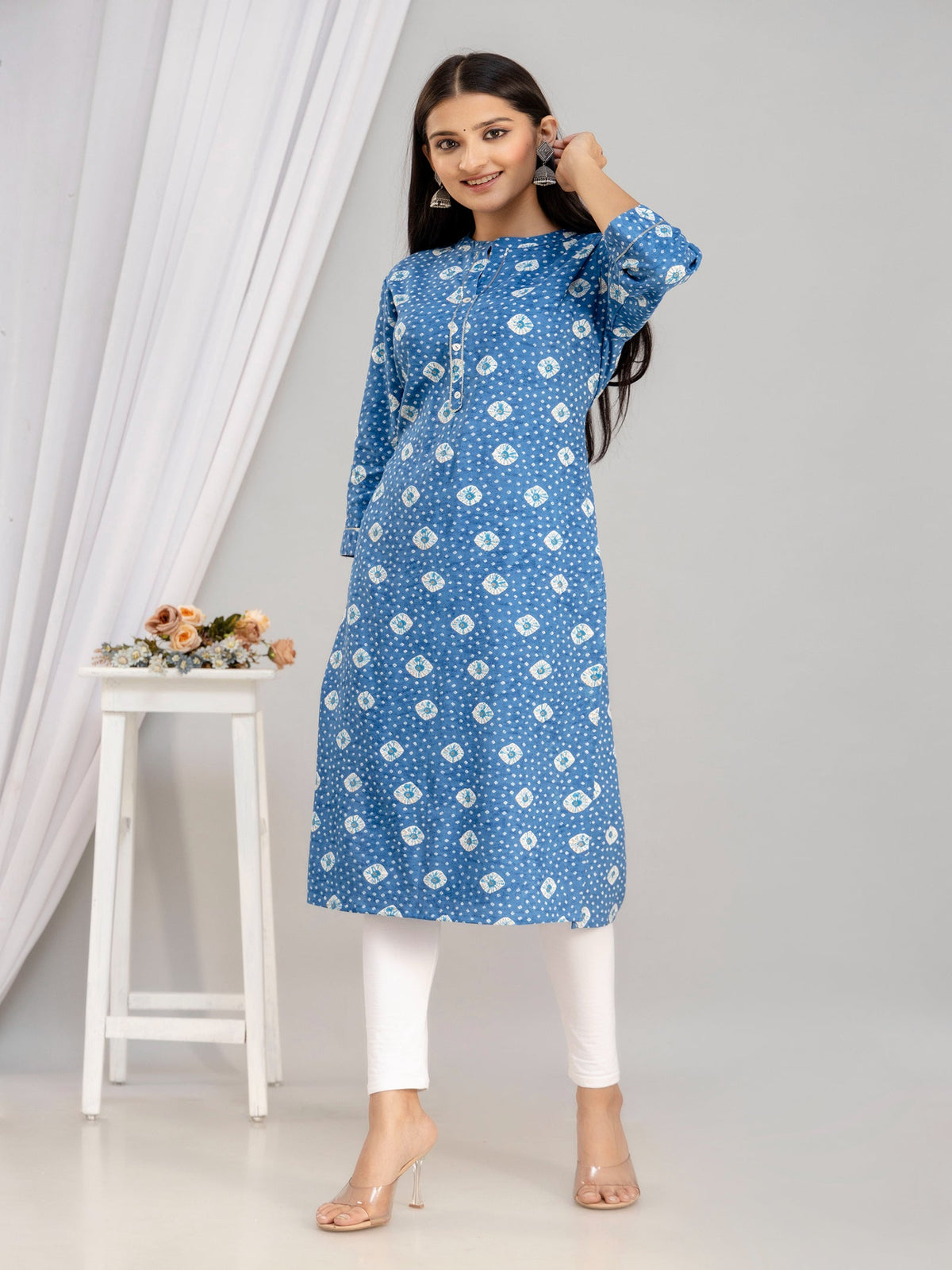 Rangvastra Blue & Pink Bandhani Rayon Straight Kurta with Sequins