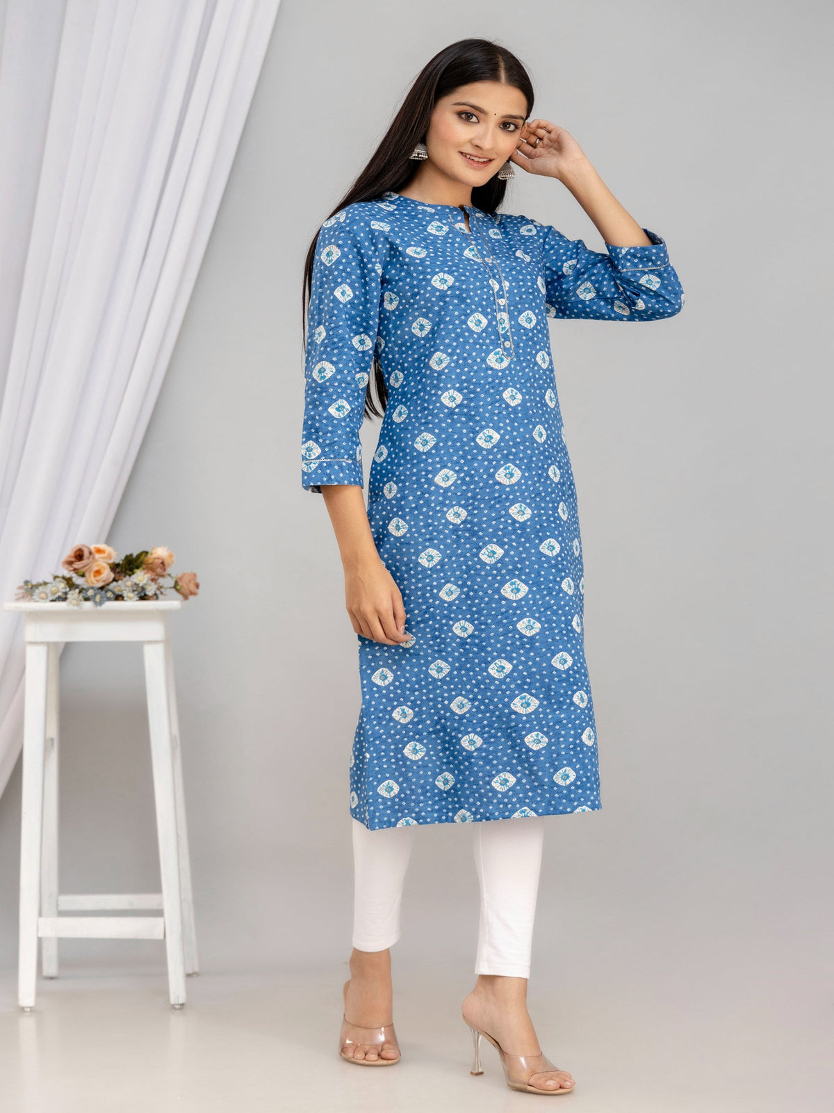 Rangvastra Blue & Pink Bandhani Rayon Straight Kurta with Sequins