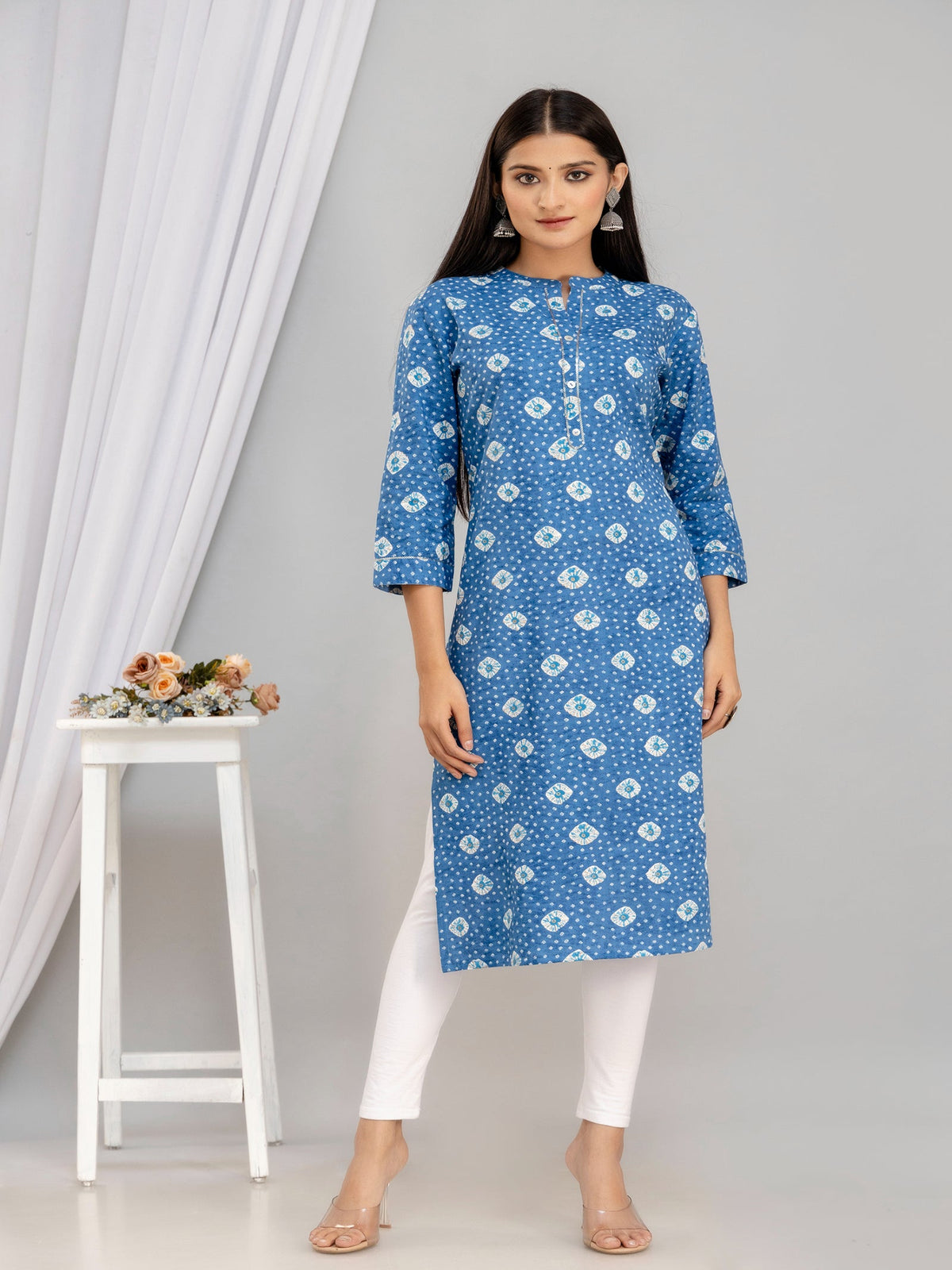 Rangvastra Blue & Pink Bandhani Rayon Straight Kurta with Sequins