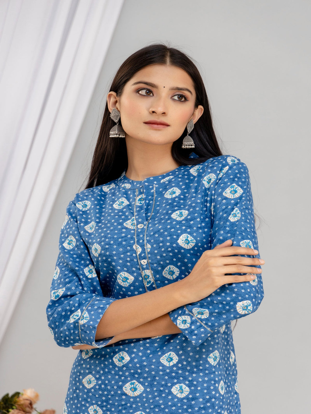 Rangvastra Blue & Pink Bandhani Rayon Straight Kurta with Sequins