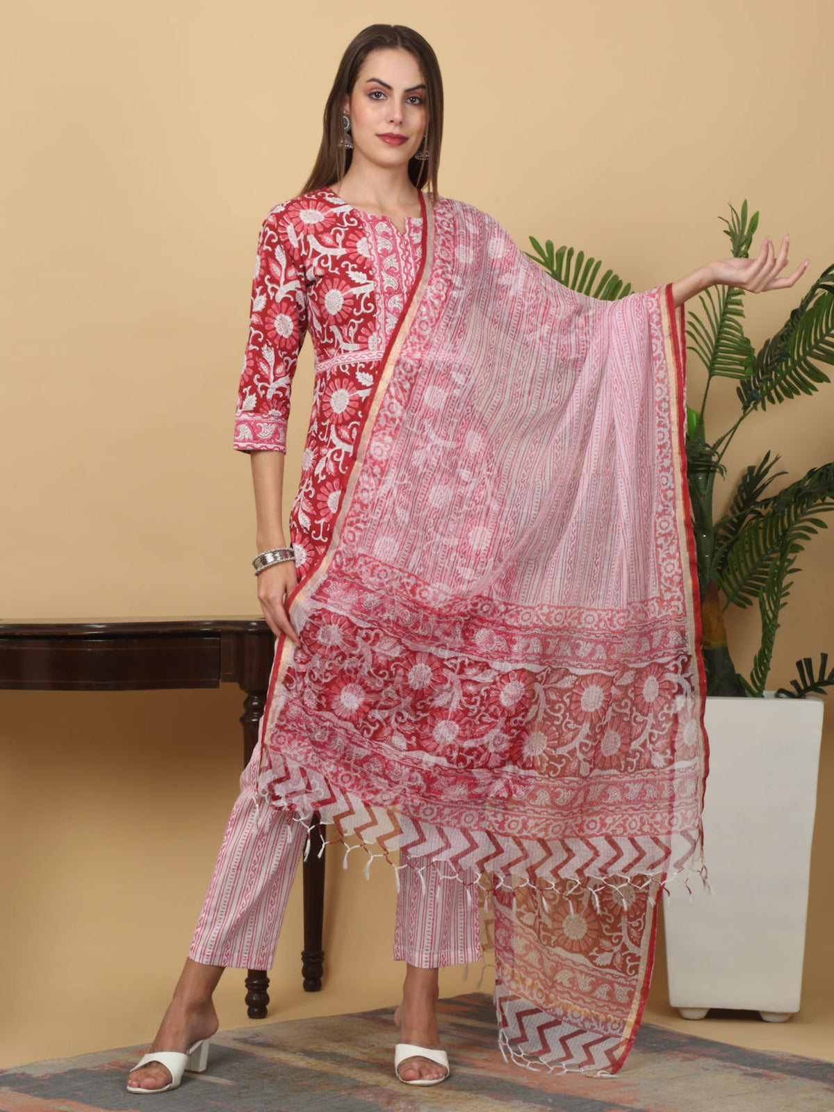 Rangvastra Cotton Red Hand Block Floral Printed Kurta Set