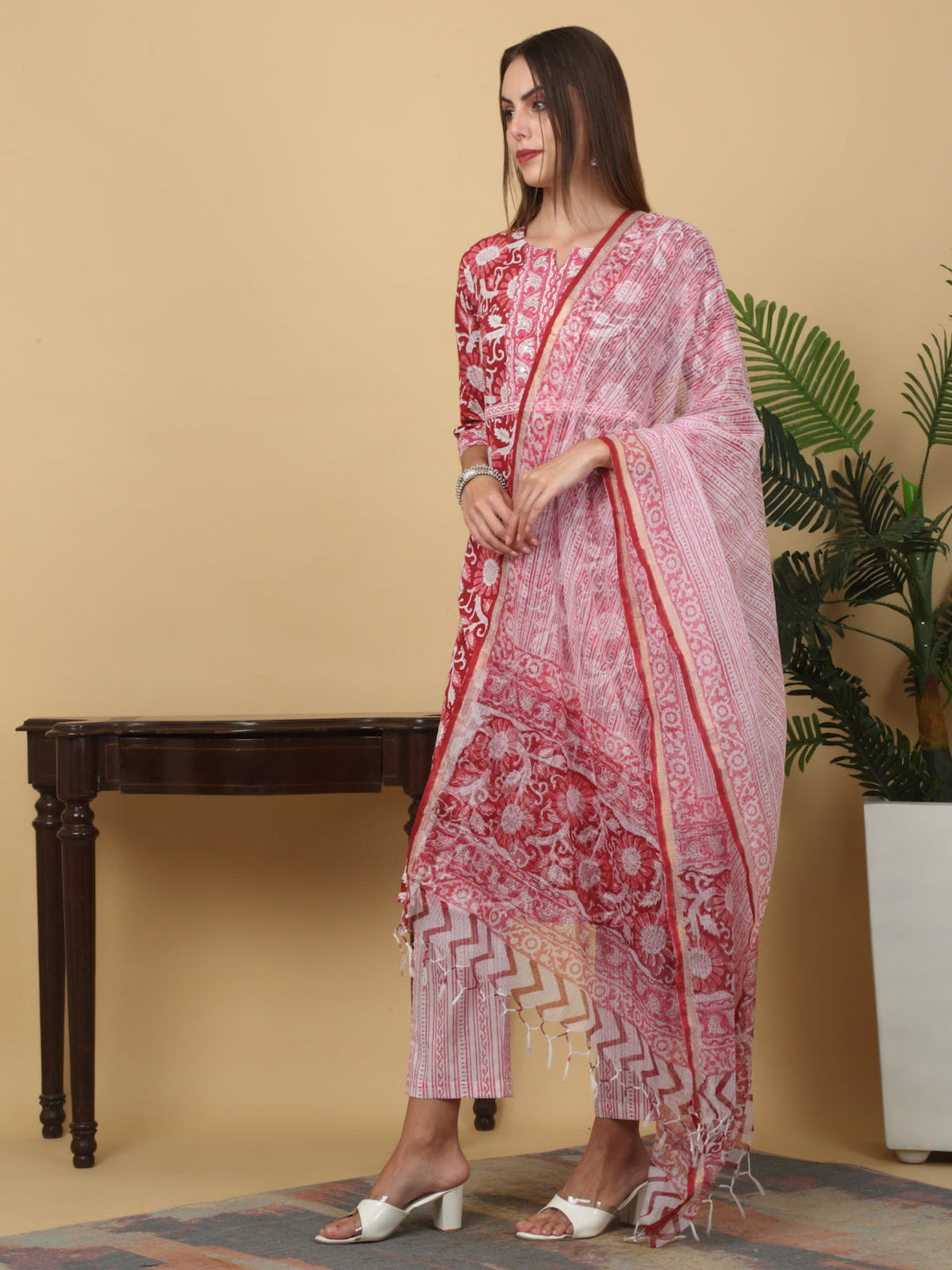 Rangvastra Cotton Red Hand Block Floral Printed Kurta Set