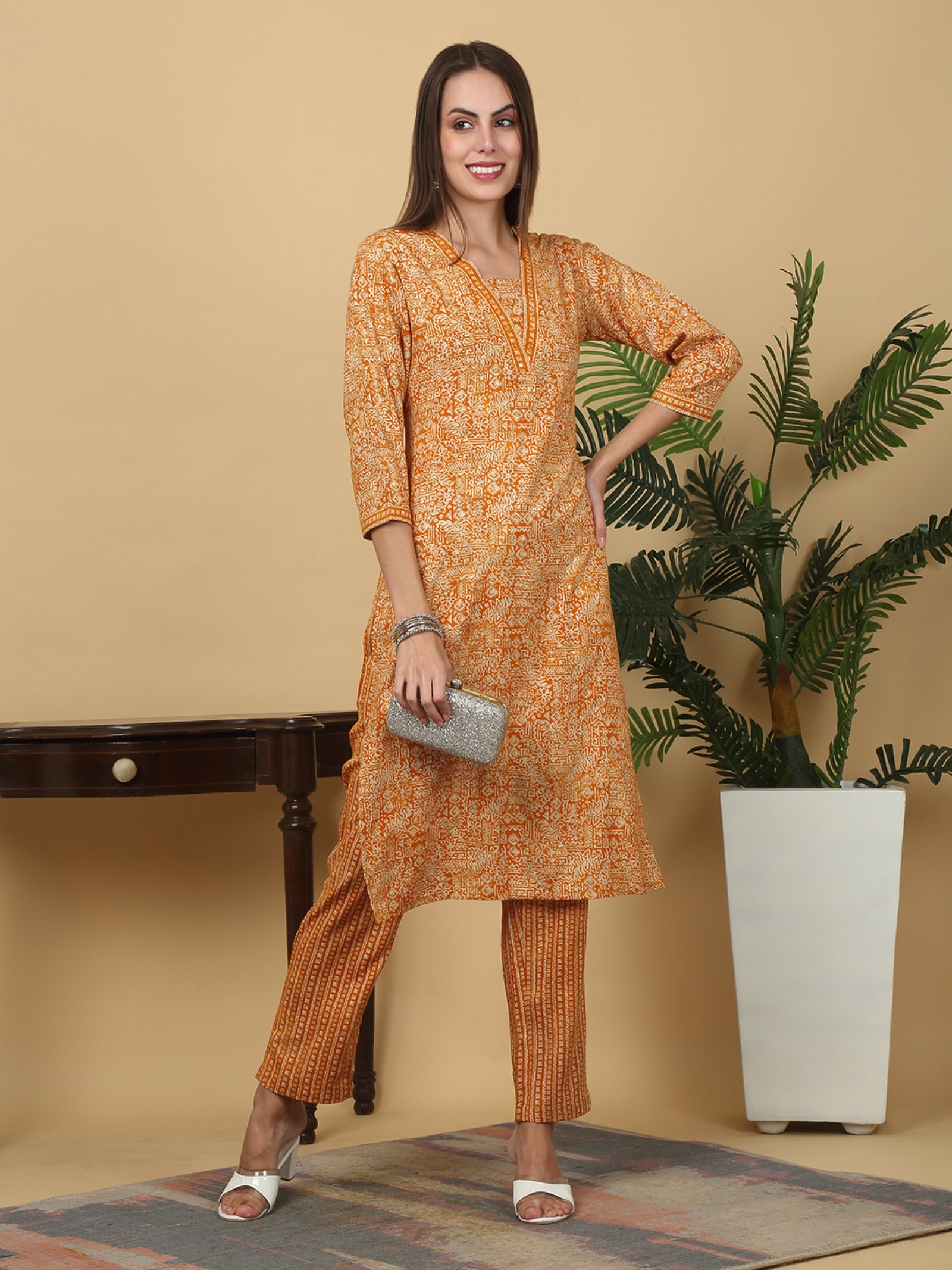 Maluka Women’s Mustard & Red Ethnic Motif Rayon Mirror Work Kurta Set