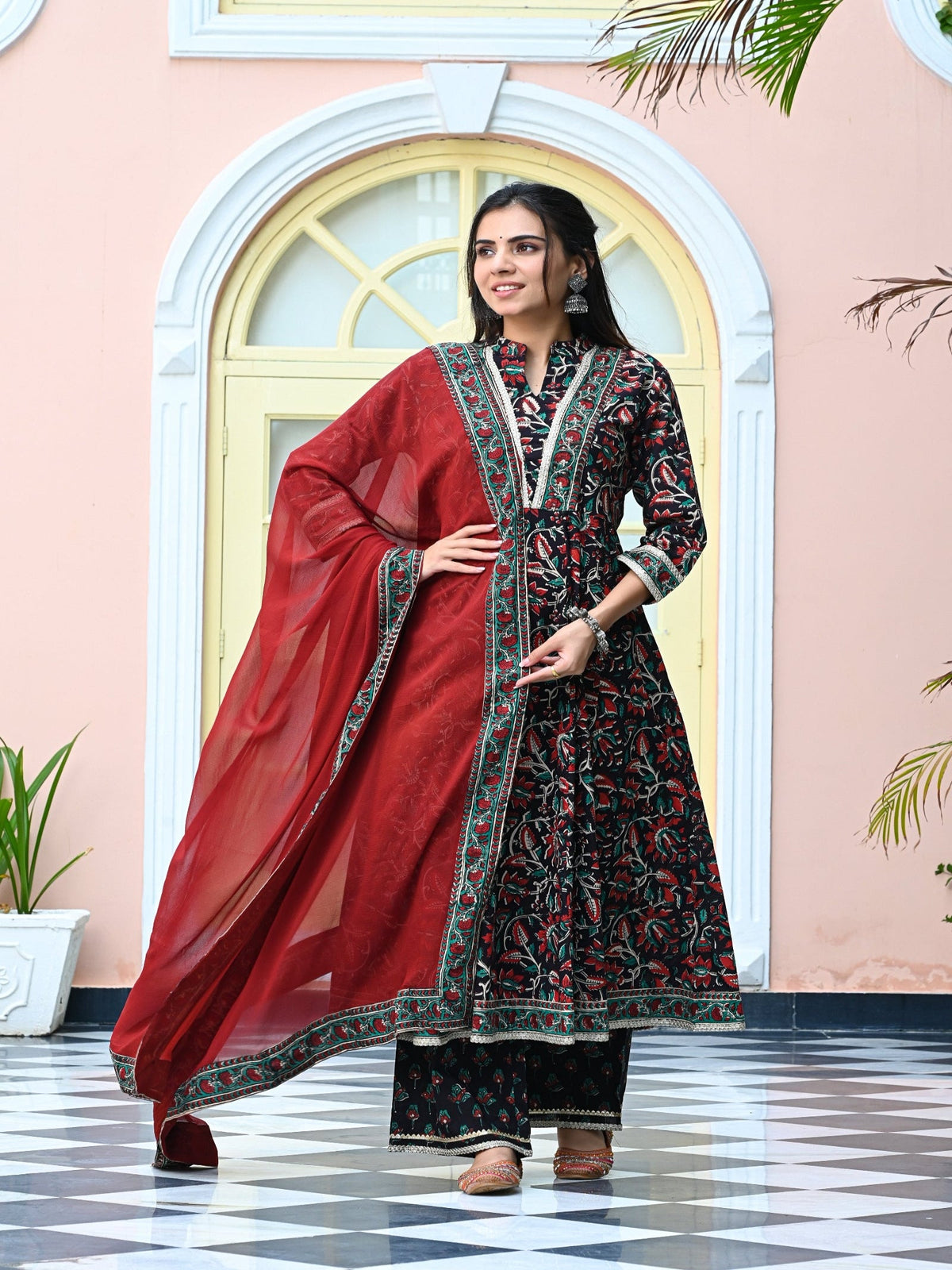 Rangvastra Cotton Black Hand Block Floral Printed Kurta set