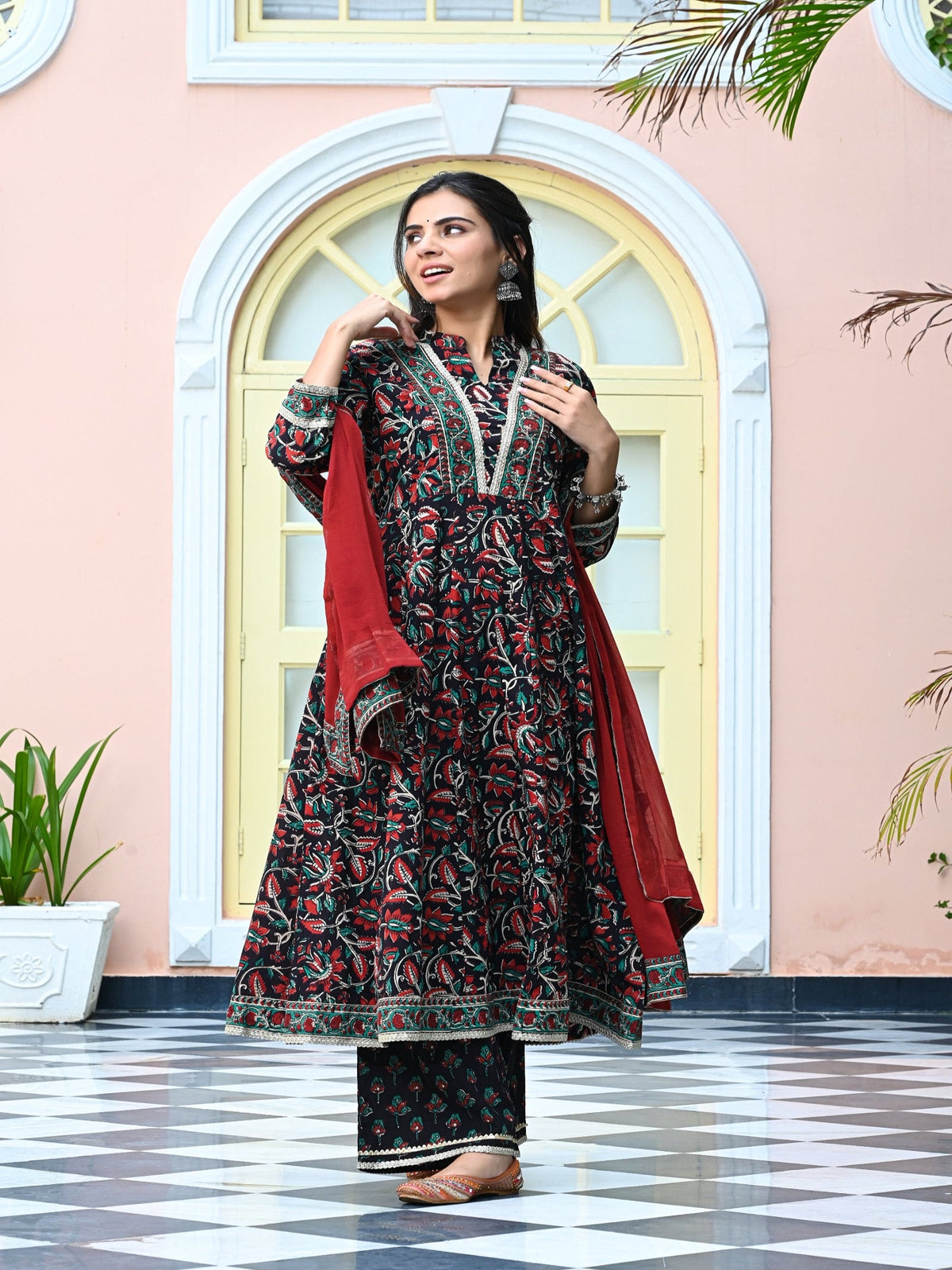 Rangvastra Cotton Black Hand Block Floral Printed Kurta set