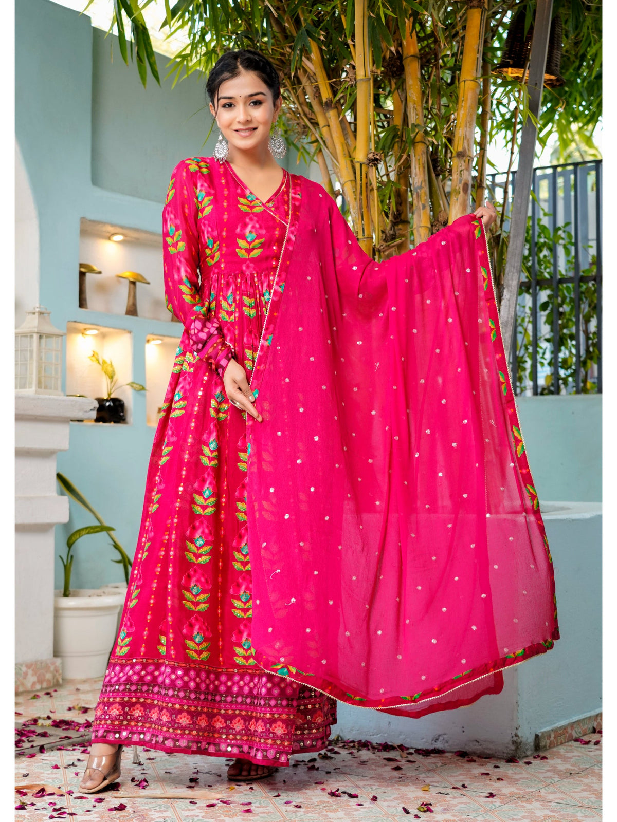 Rangvastra Pink, Yellow & Black Floral Print Chinon Kurta Set