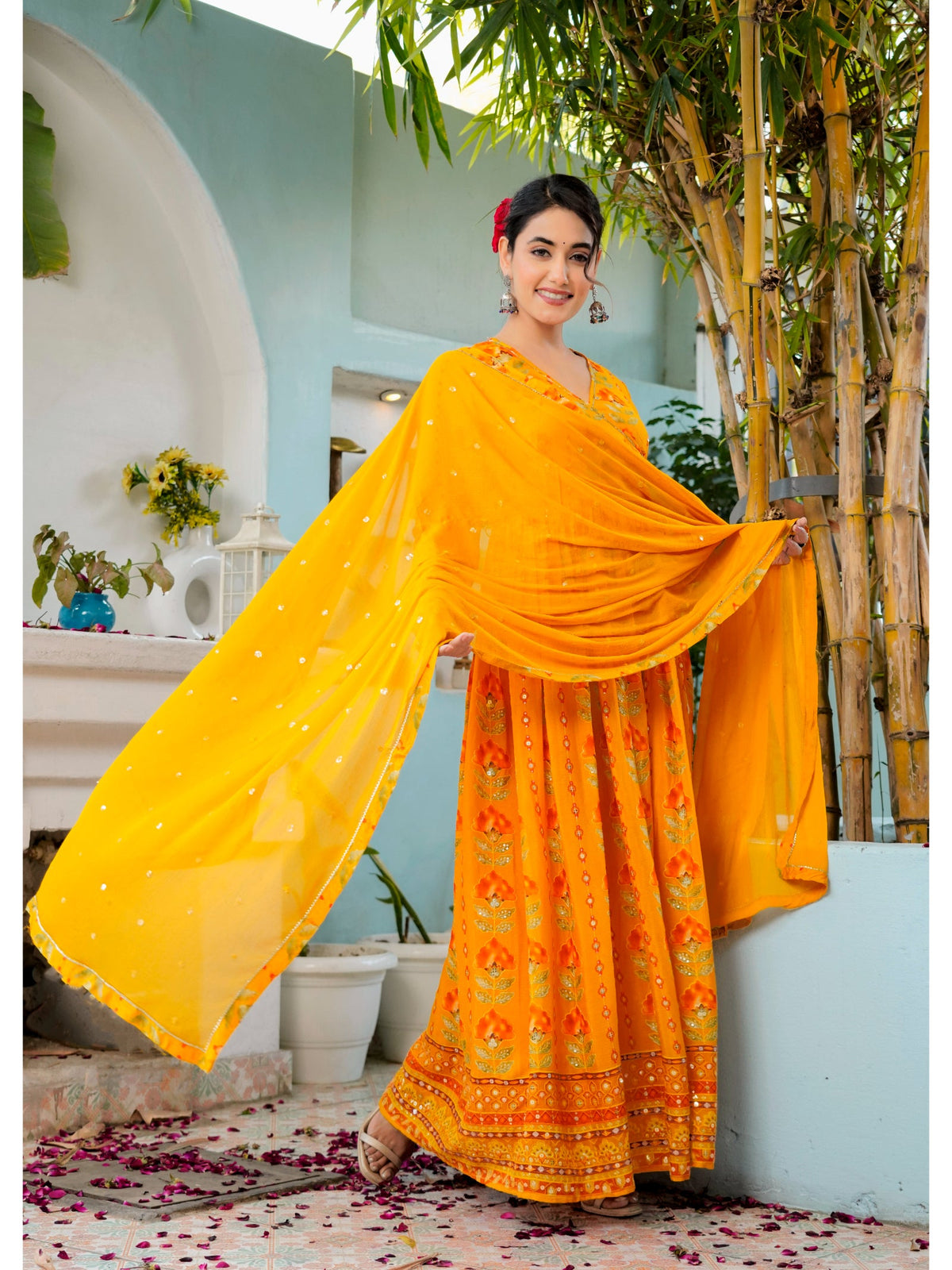 Rangvastra Pink, Yellow & Black Floral Print Chinon Kurta Set