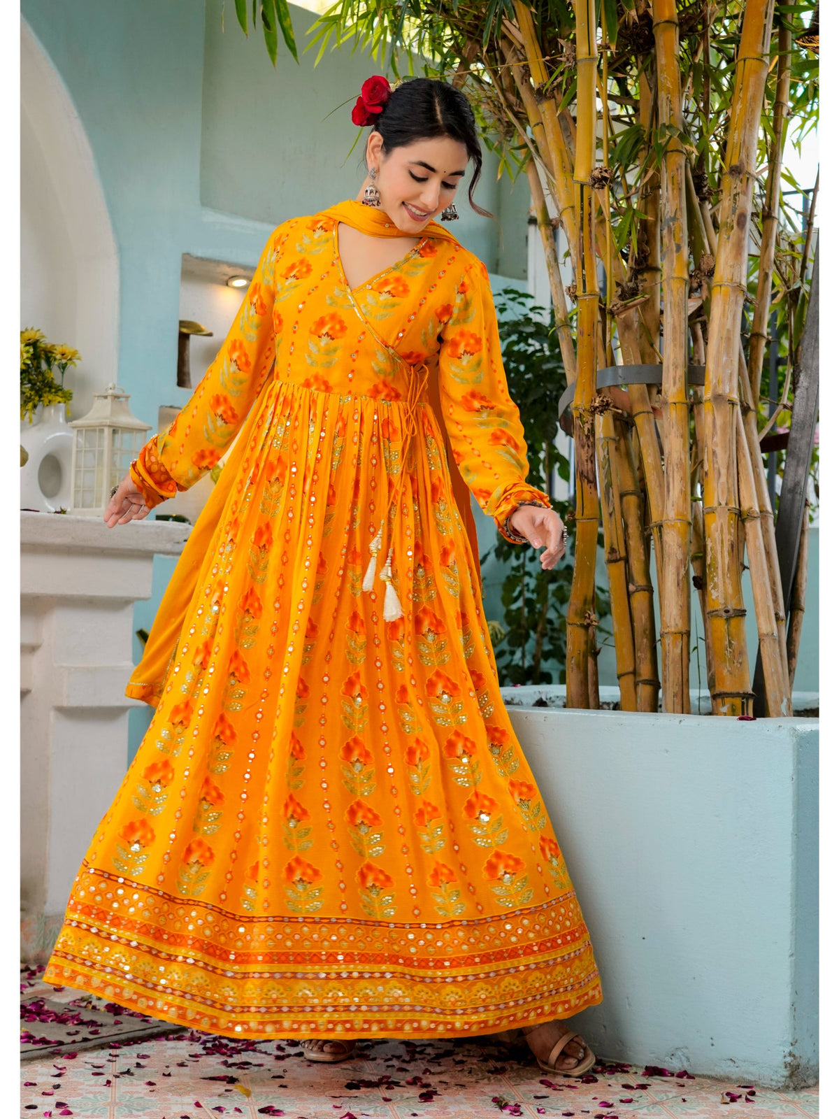 Rangvastra Pink, Yellow & Black Floral Print Chinon Kurta Set