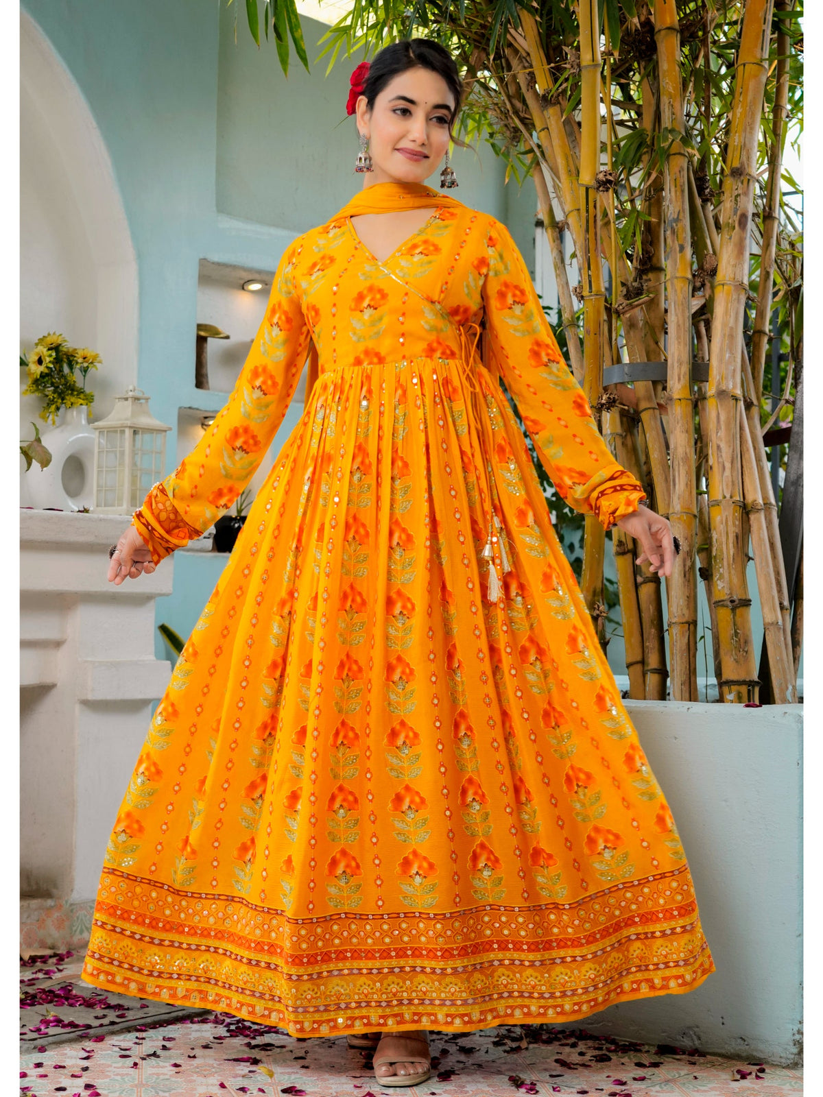 Rangvastra Pink, Yellow & Black Floral Print Chinon Kurta Set