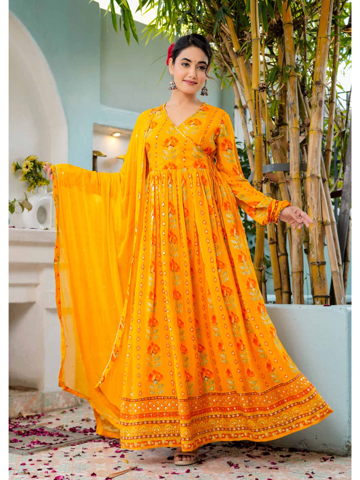 Rangvastra Pink, Yellow & Black Floral Print Chinon Kurta Set
