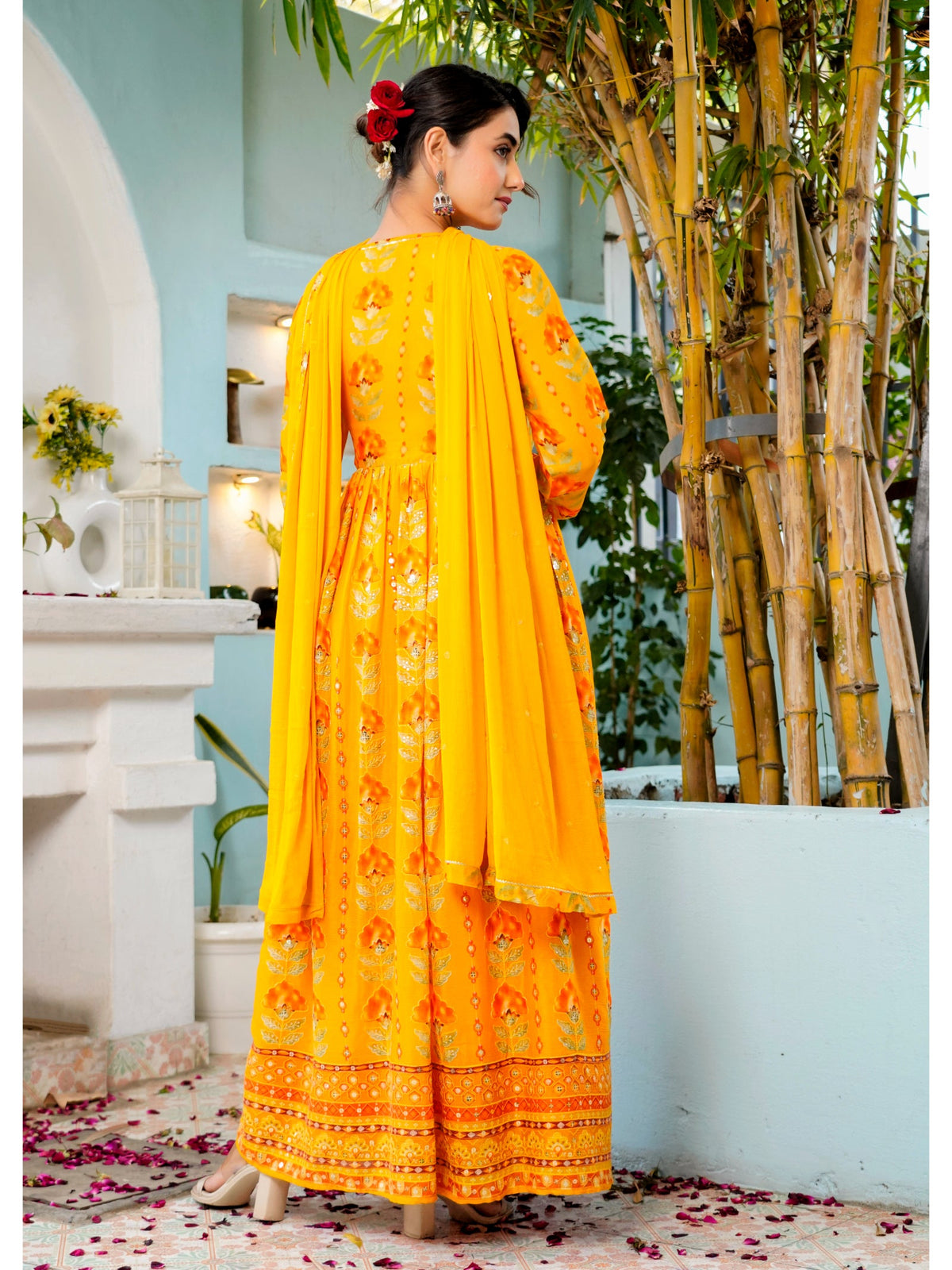 Rangvastra Pink, Yellow & Black Floral Print Chinon Kurta Set
