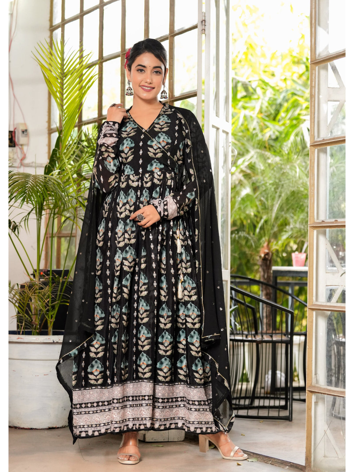 Rangvastra Pink, Yellow & Black Floral Print Chinon Kurta Set