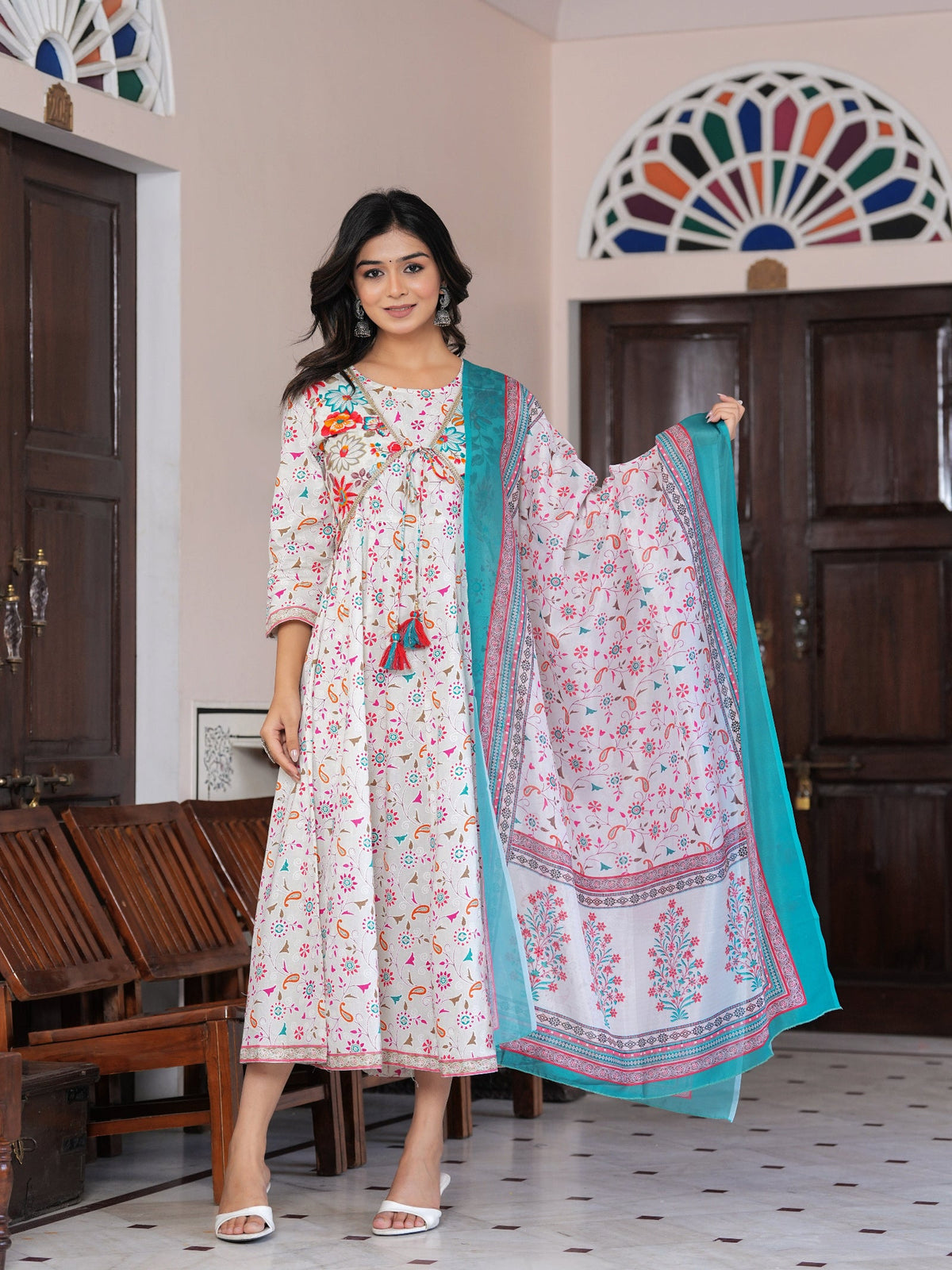 Rangvastra Cotton Printed Foil Kurta With Dupatta Set