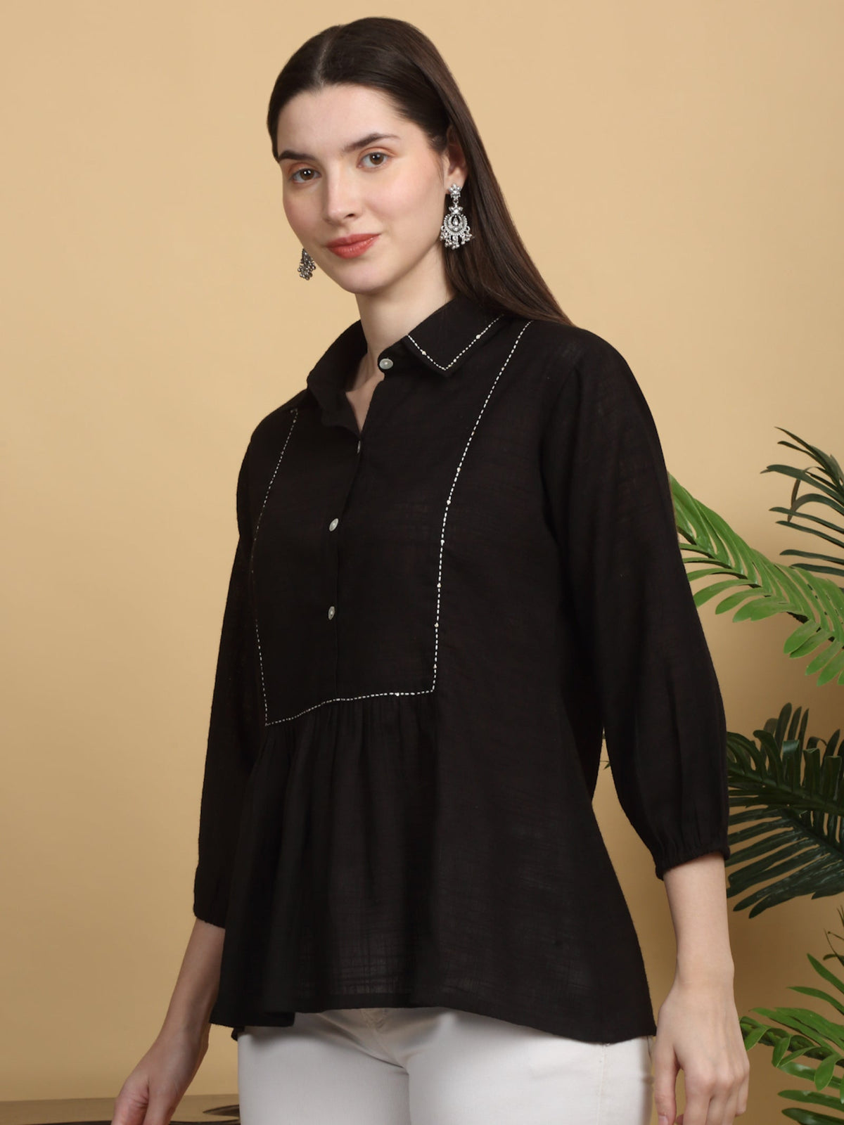 Rangvastra  Black Cotton Flex Top with Handwork & Buttons