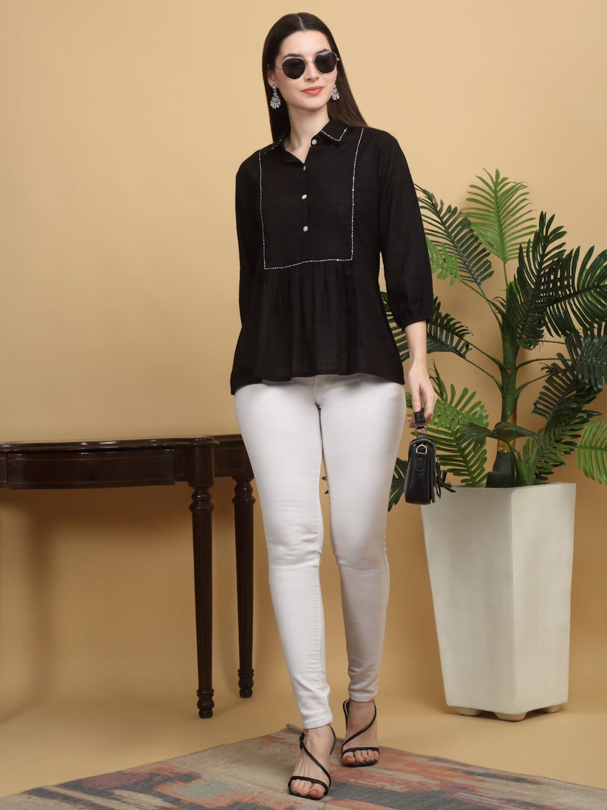 Rangvastra  Black Cotton Flex Top with Handwork & Buttons