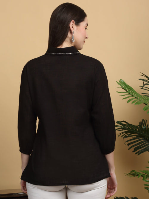 Rangvastra  Black Cotton Flex Top with Handwork & Buttons