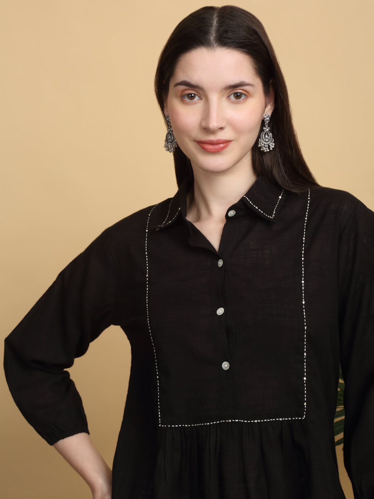 Rangvastra  Black Cotton Flex Top with Handwork & Buttons
