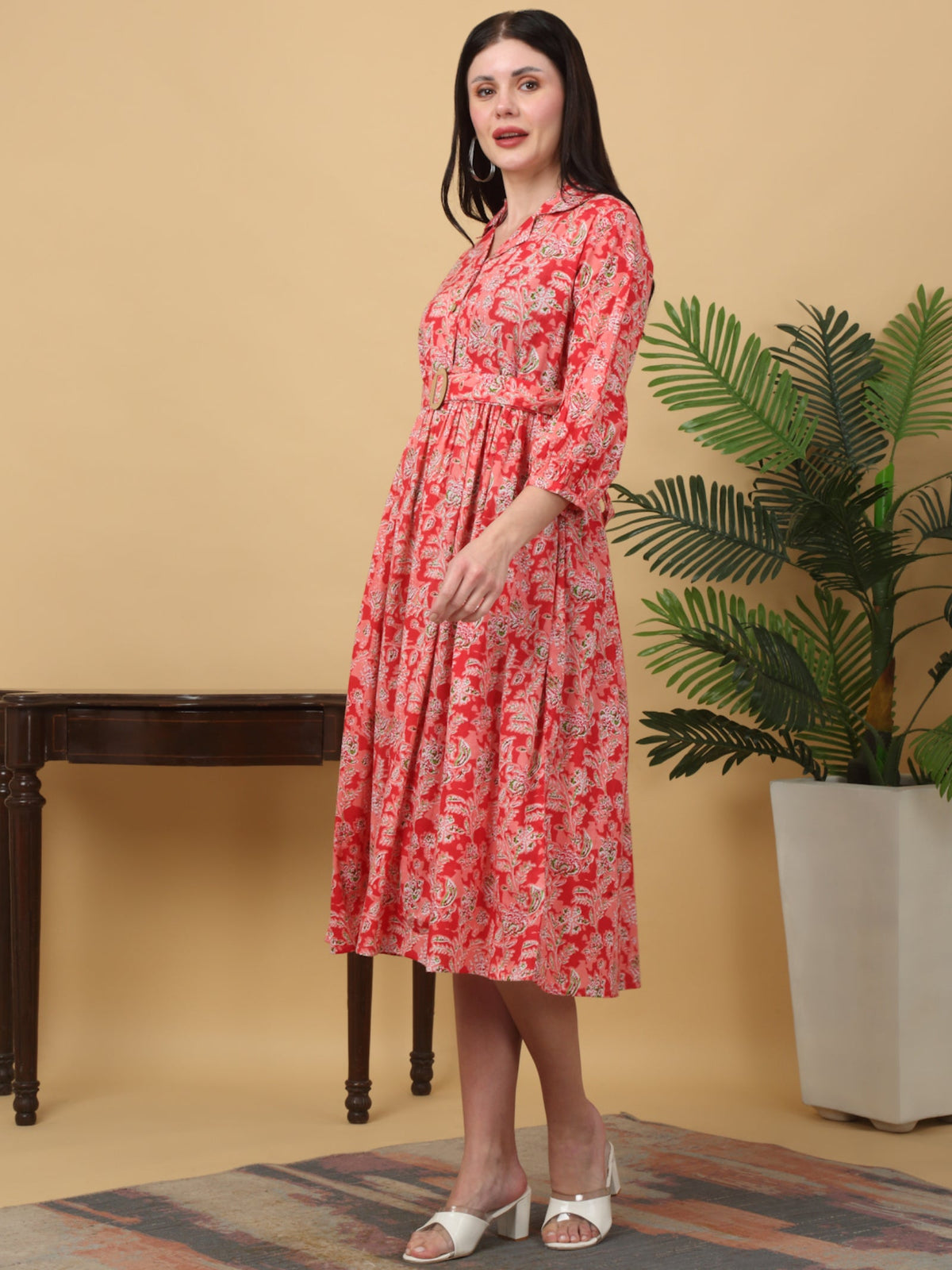 Rangvastra  Peach & Sea Green Floral Cotton A-Line Kurta with Belt