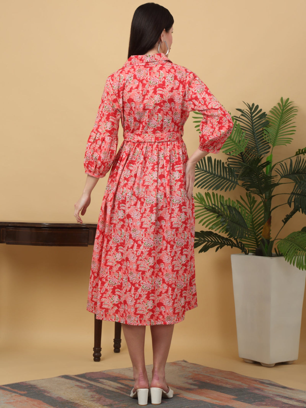 Rangvastra  Peach & Sea Green Floral Cotton A-Line Kurta with Belt