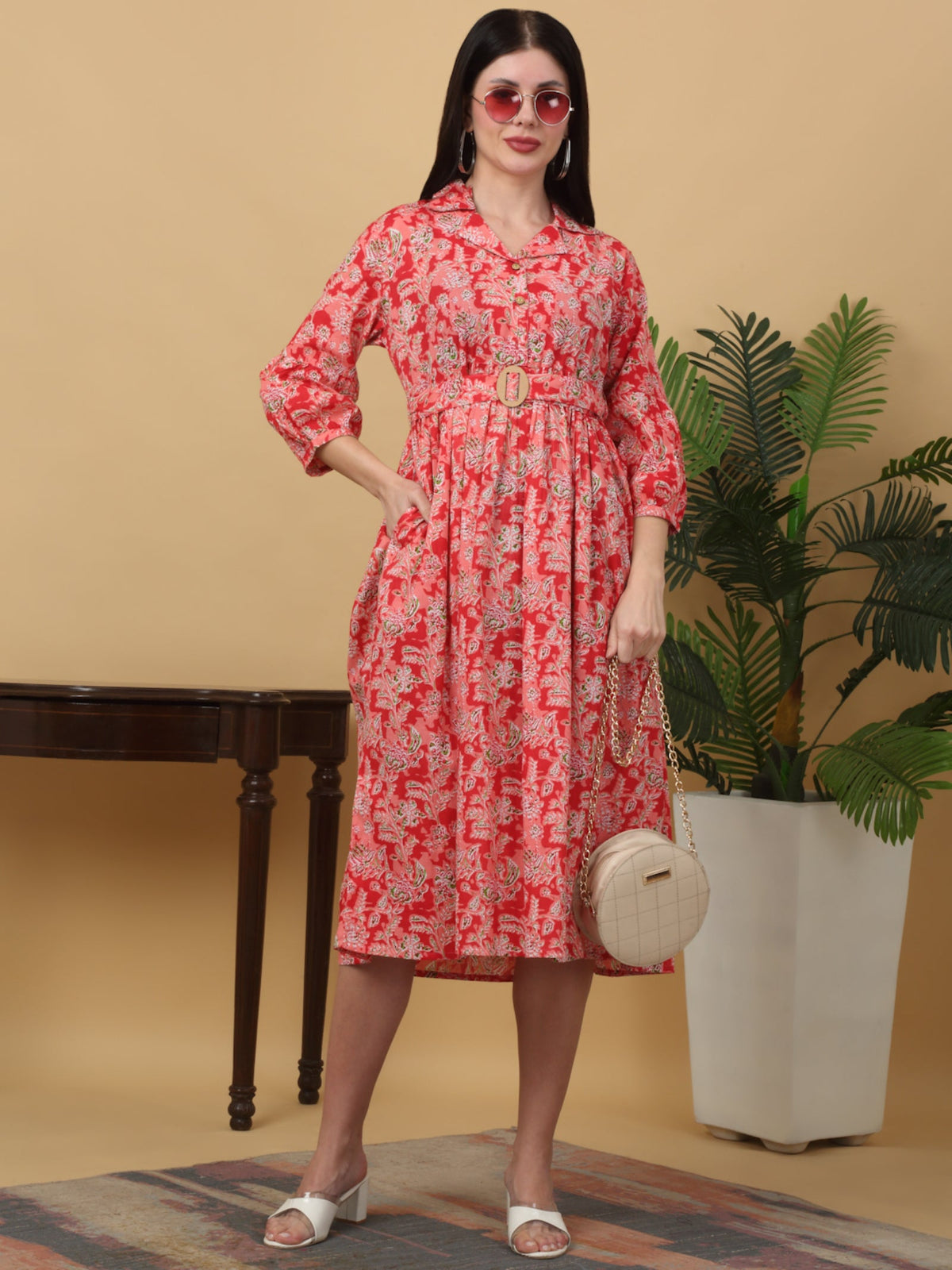 Rangvastra  Peach & Sea Green Floral Cotton A-Line Kurta with Belt