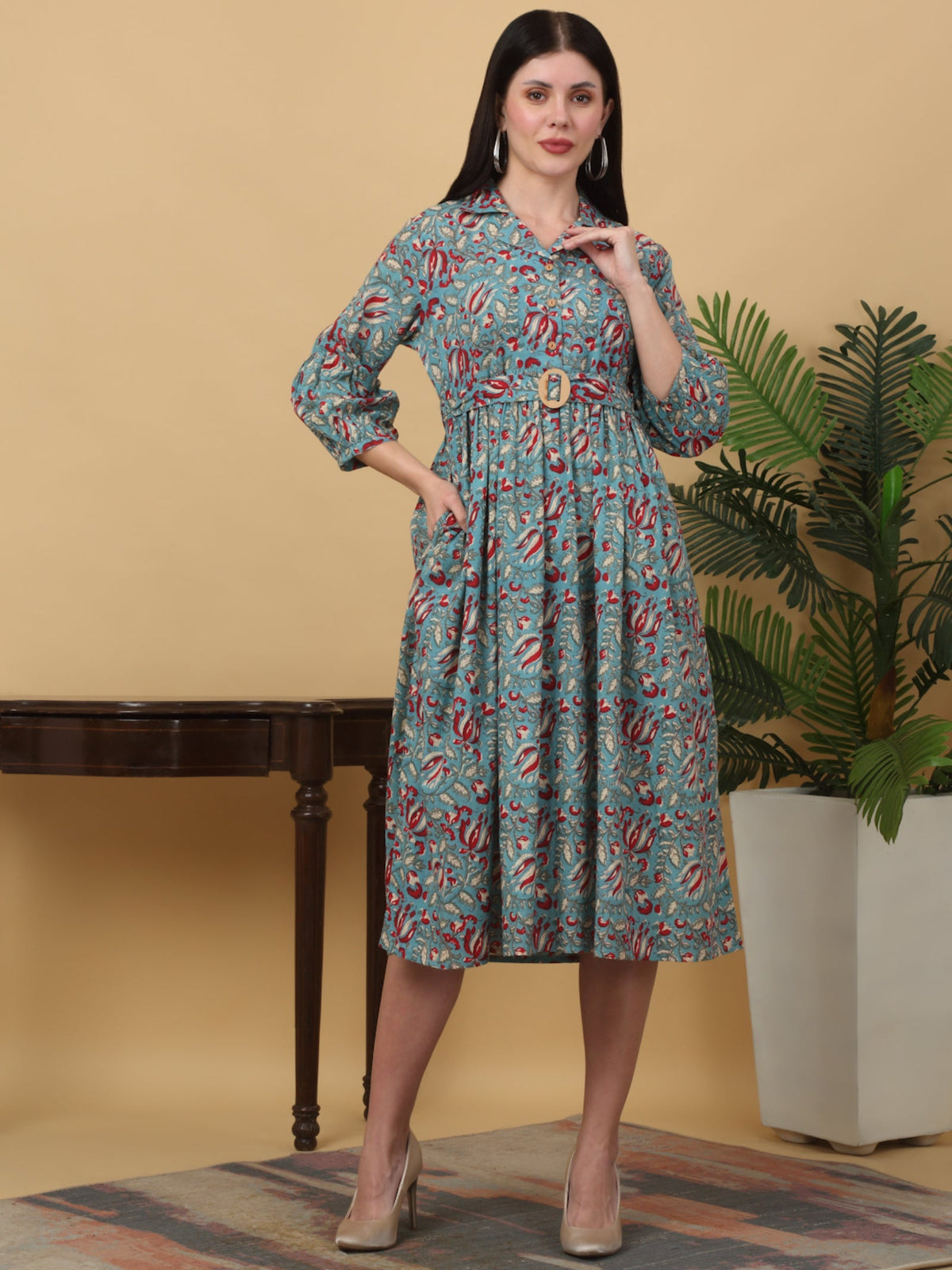 Rangvastra  Peach & Sea Green Floral Cotton A-Line Kurta with Belt