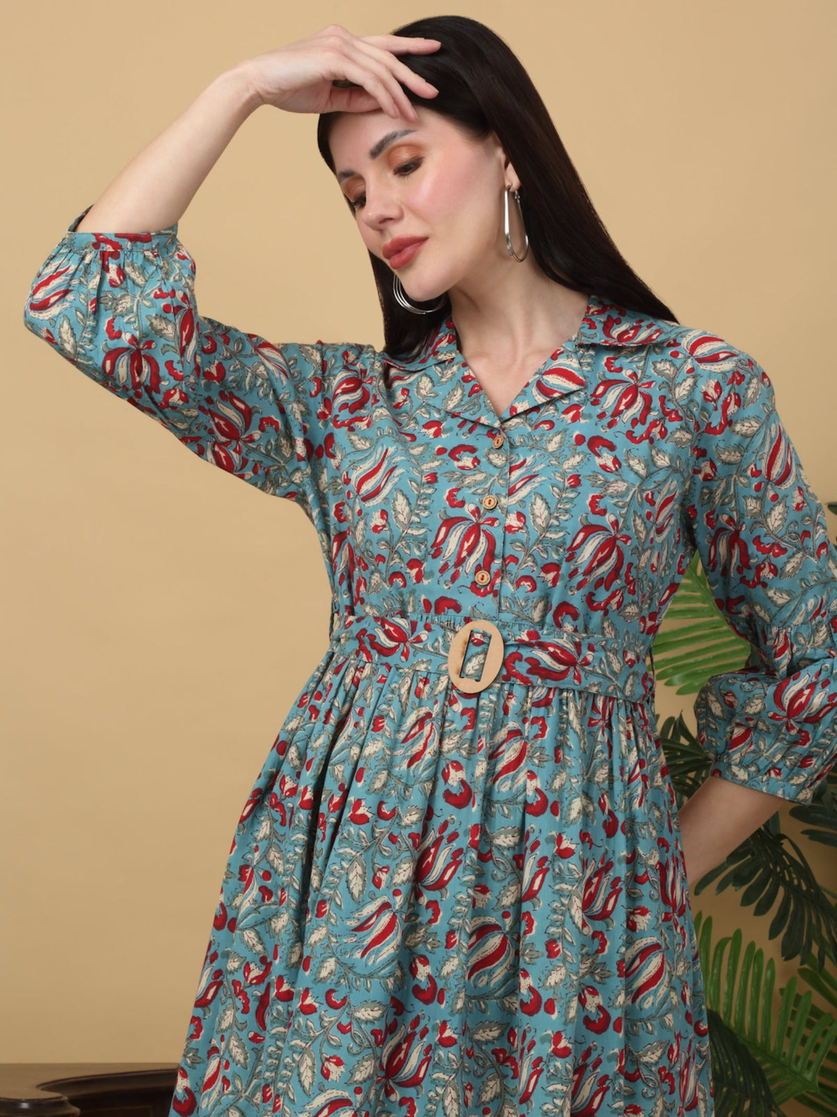 Rangvastra  Peach & Sea Green Floral Cotton A-Line Kurta with Belt