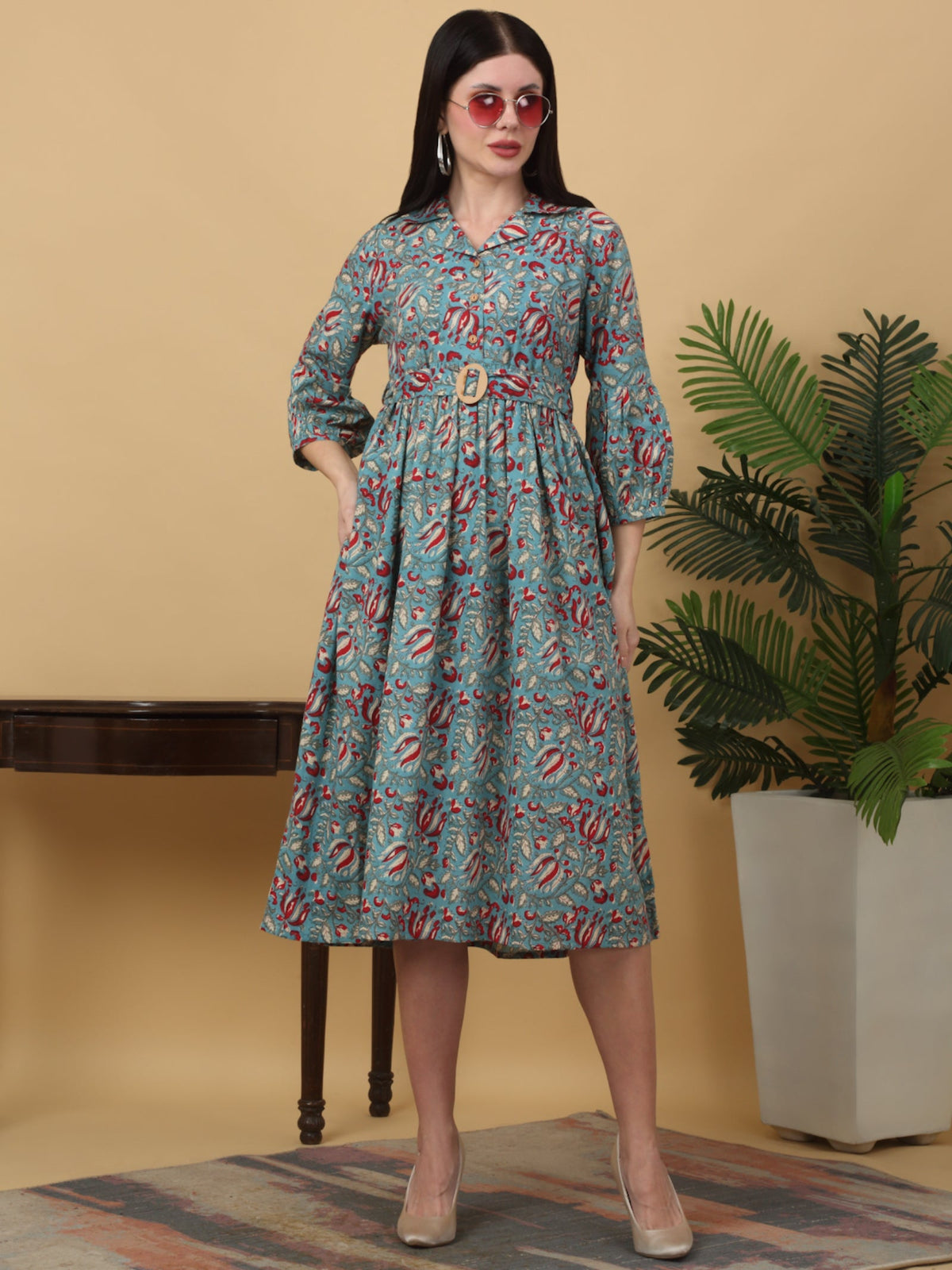 Rangvastra  Peach & Sea Green Floral Cotton A-Line Kurta with Belt