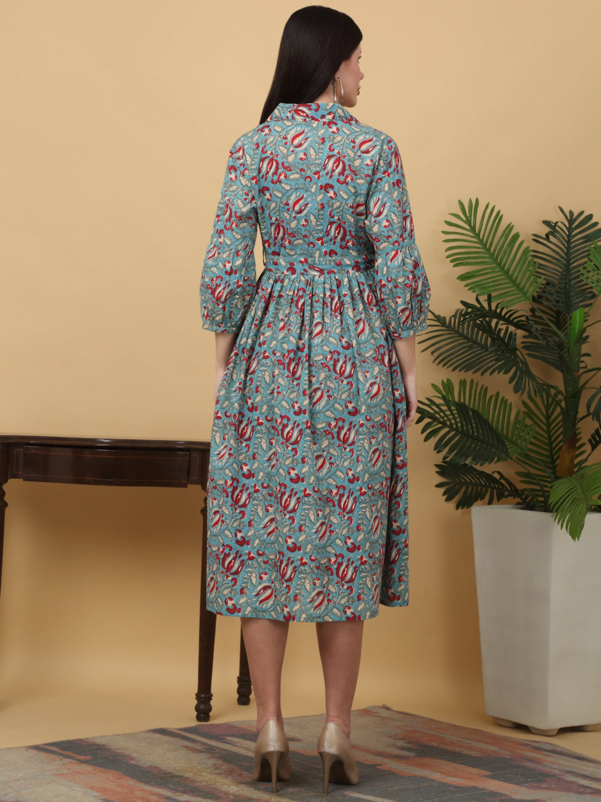 Rangvastra  Peach & Sea Green Floral Cotton A-Line Kurta with Belt