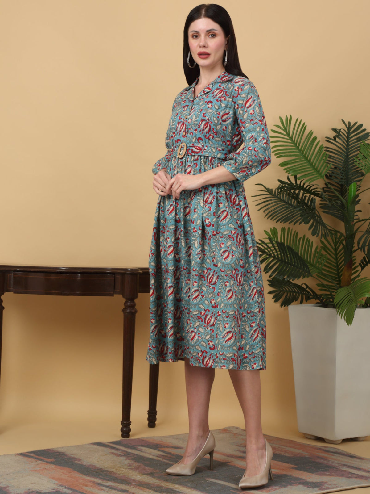 Rangvastra  Peach & Sea Green Floral Cotton A-Line Kurta with Belt