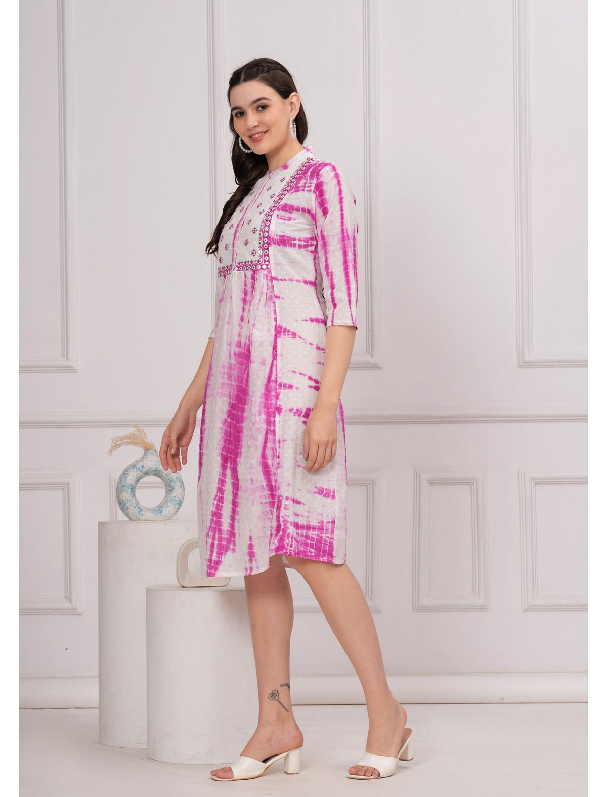 Rangvastra Cotton Shibhori Tie Dye Printed  Embroidery and Mirror Work A-Line Kurta