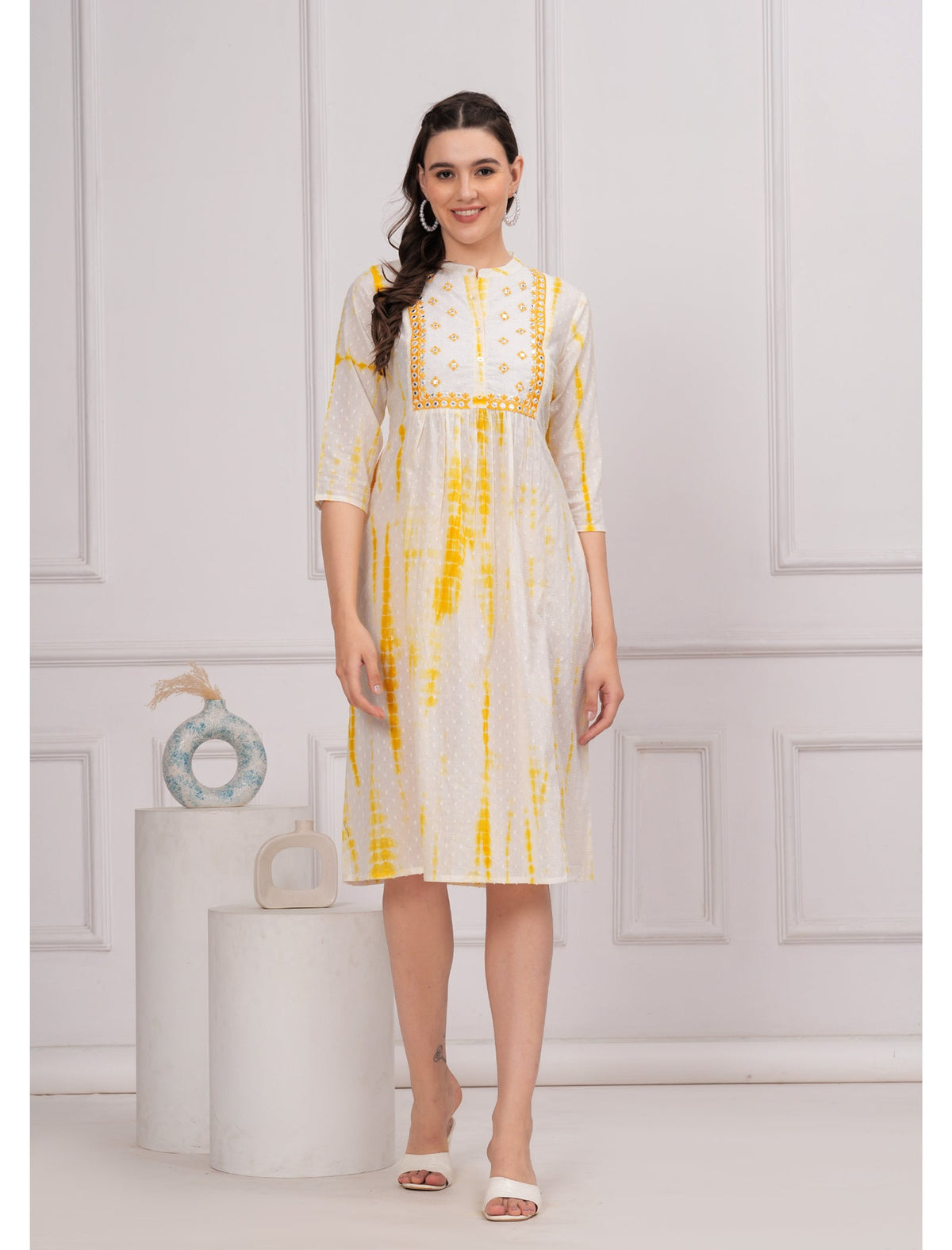 Rangvastra Cotton Shibhori Tie Dye Printed  Embroidery and Mirror Work A-Line Kurta