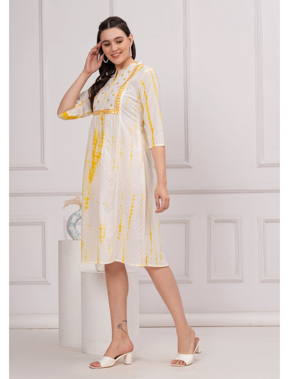 Rangvastra Cotton Shibhori Tie Dye Printed  Embroidery and Mirror Work A-Line Kurta
