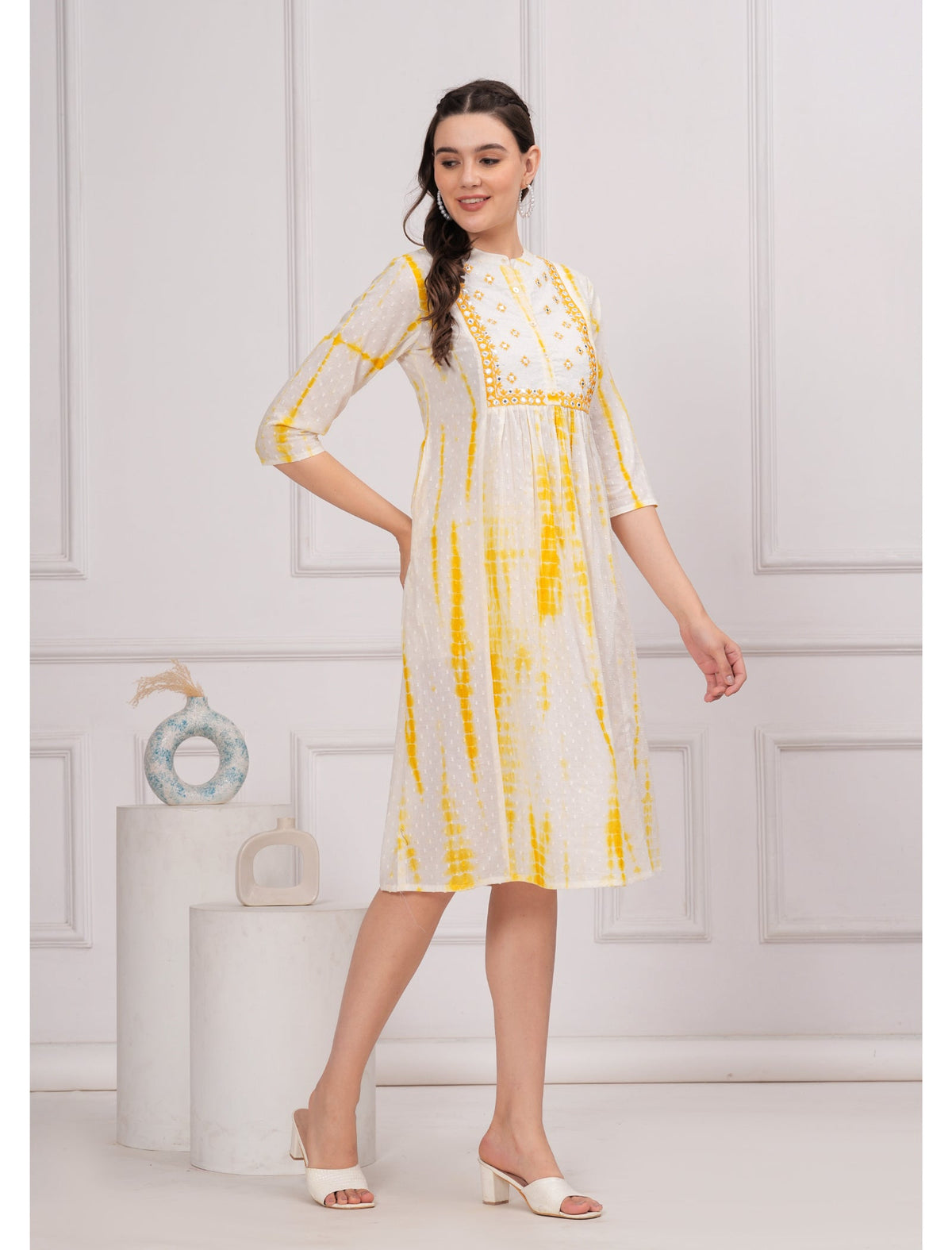 Rangvastra Cotton Shibhori Tie Dye Printed  Embroidery and Mirror Work A-Line Kurta
