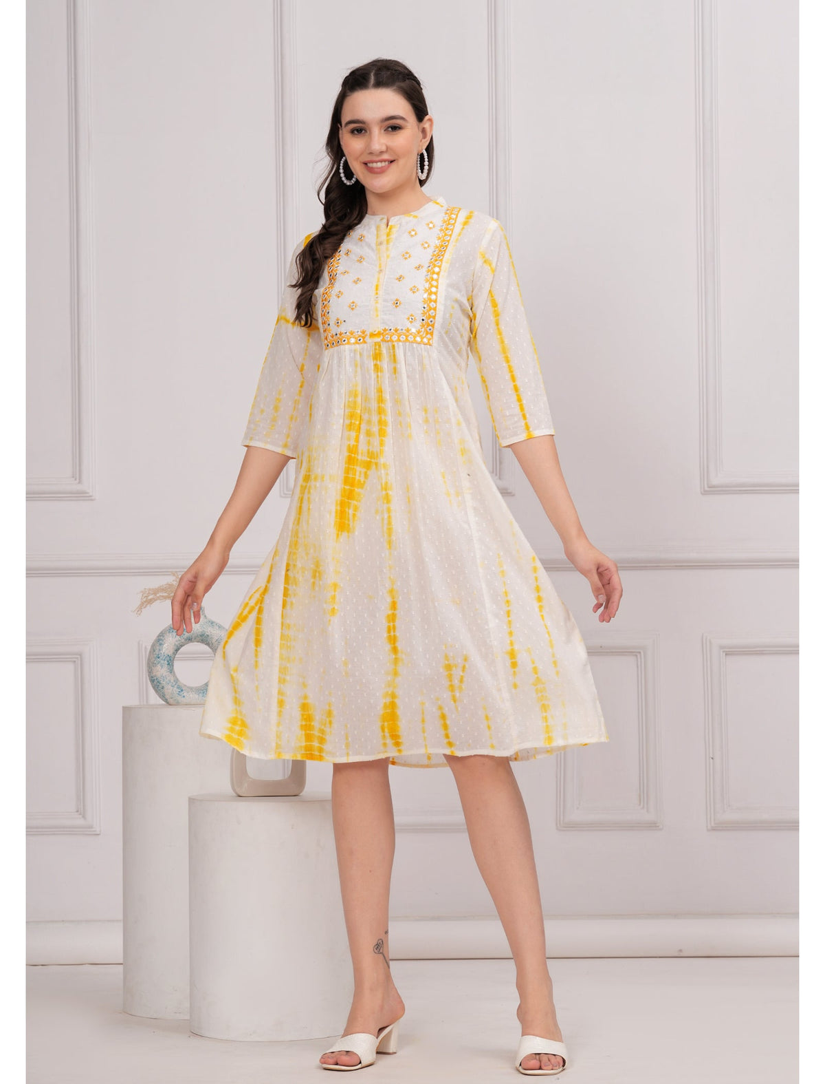 Rangvastra Cotton Shibhori Tie Dye Printed  Embroidery and Mirror Work A-Line Kurta