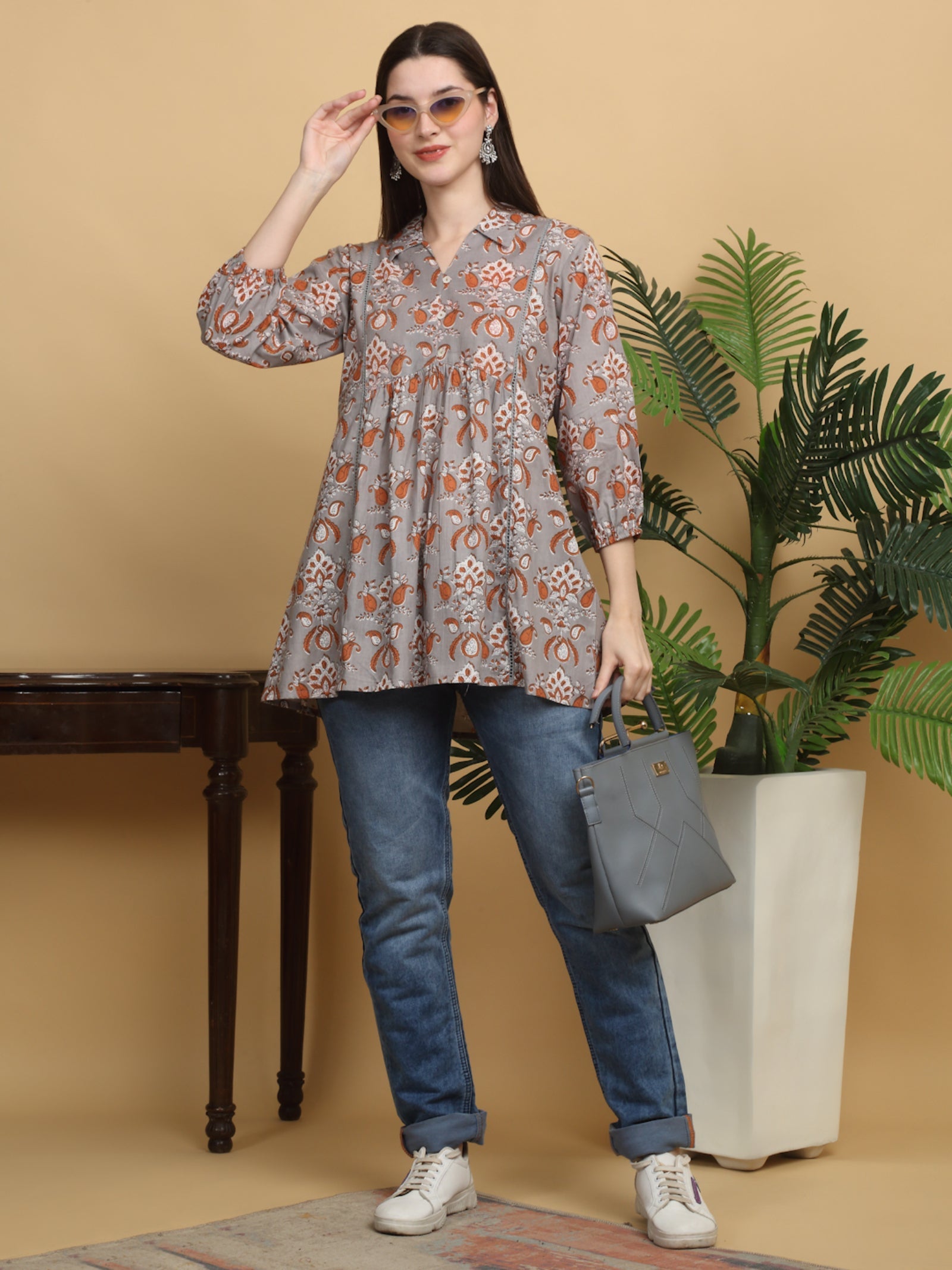 Maluka Women’s Grey Floral Cotton Thigh-Length Top with Buttons