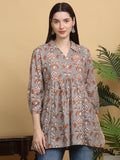 Maluka Women’s Grey Floral Cotton Thigh-Length Top with Buttons