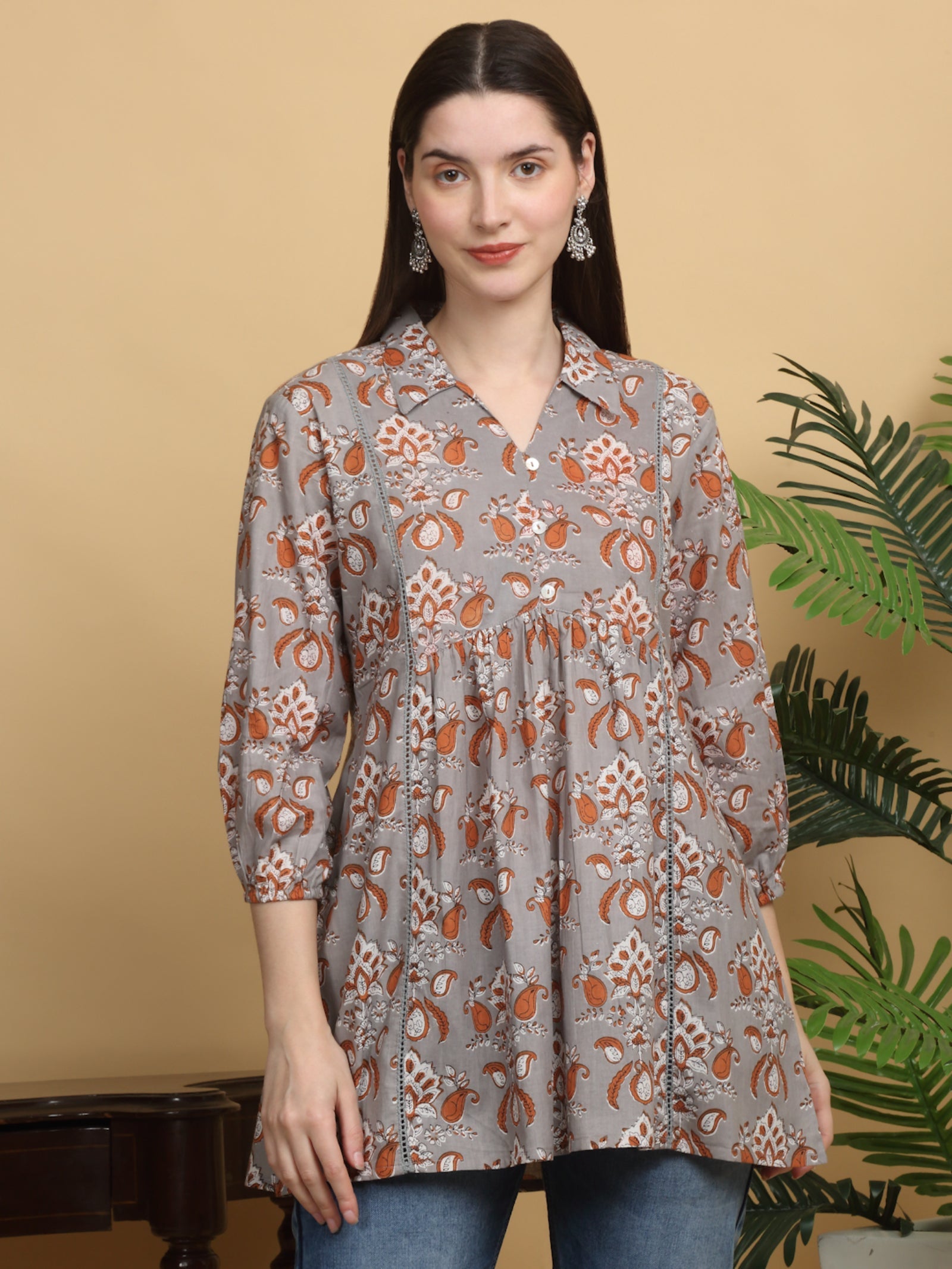 Maluka Women’s Grey Floral Cotton Thigh-Length Top with Buttons