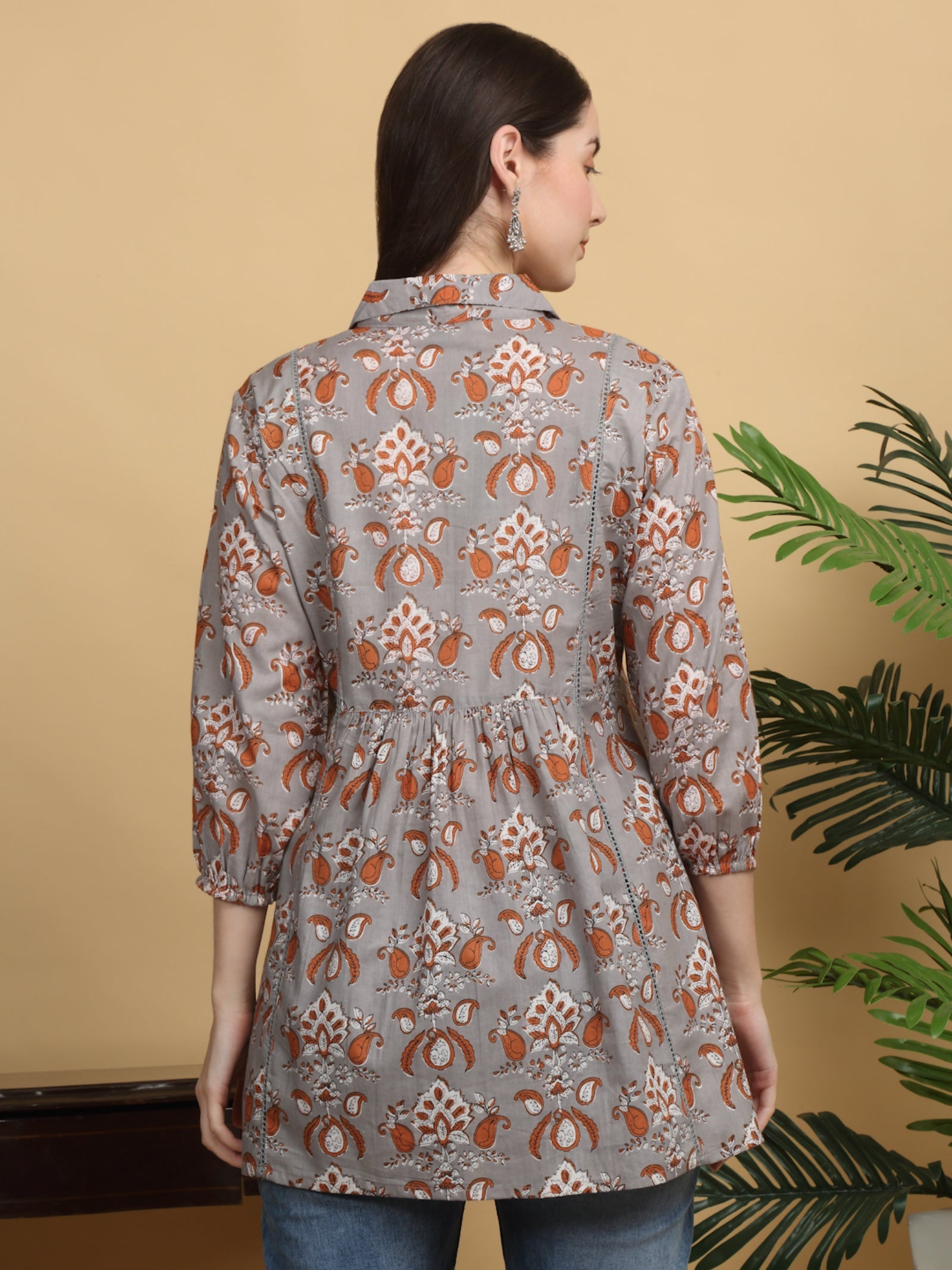 Maluka Women’s Grey Floral Cotton Thigh-Length Top with Buttons