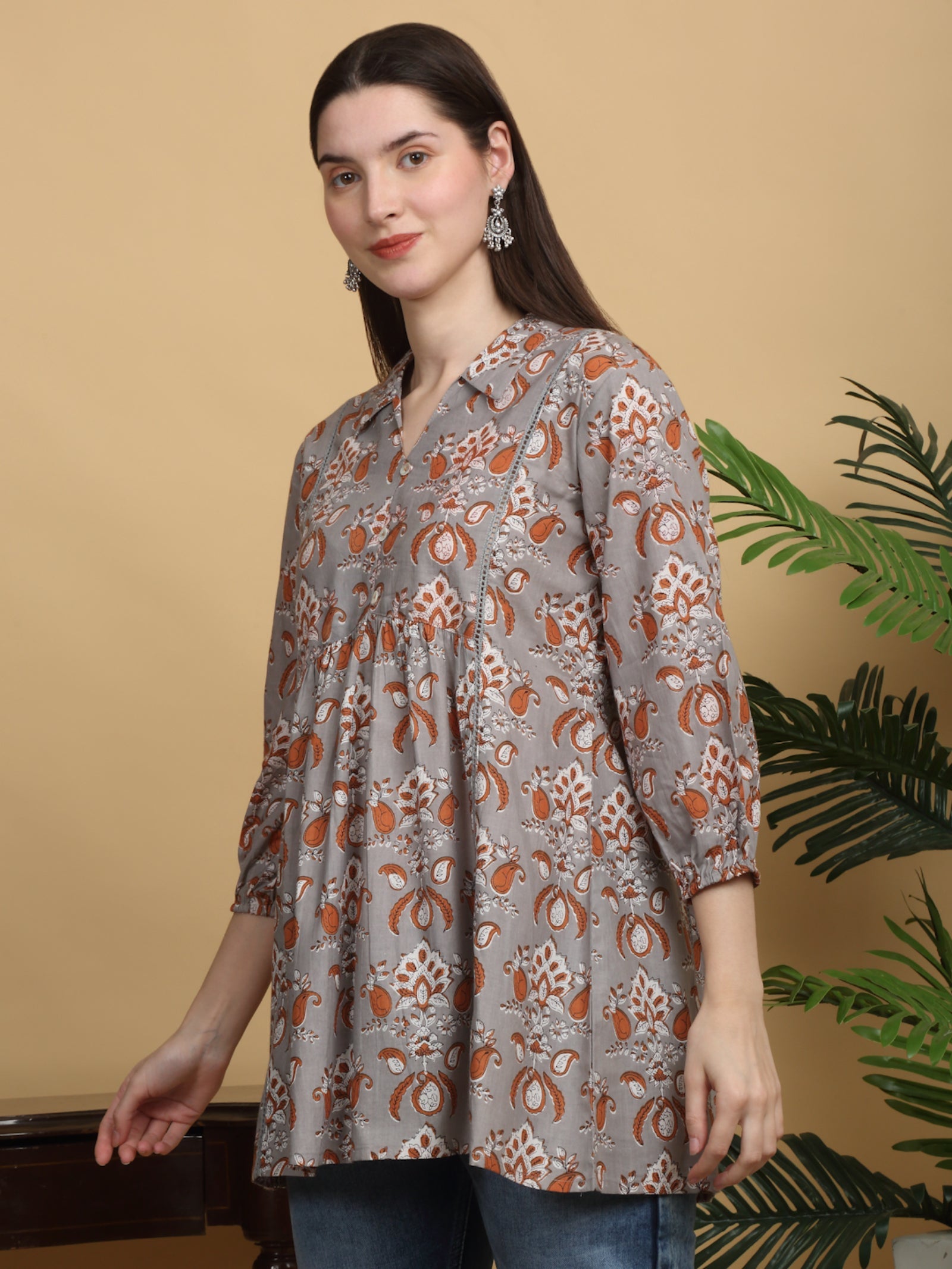 Maluka Women’s Grey Floral Cotton Thigh-Length Top with Buttons