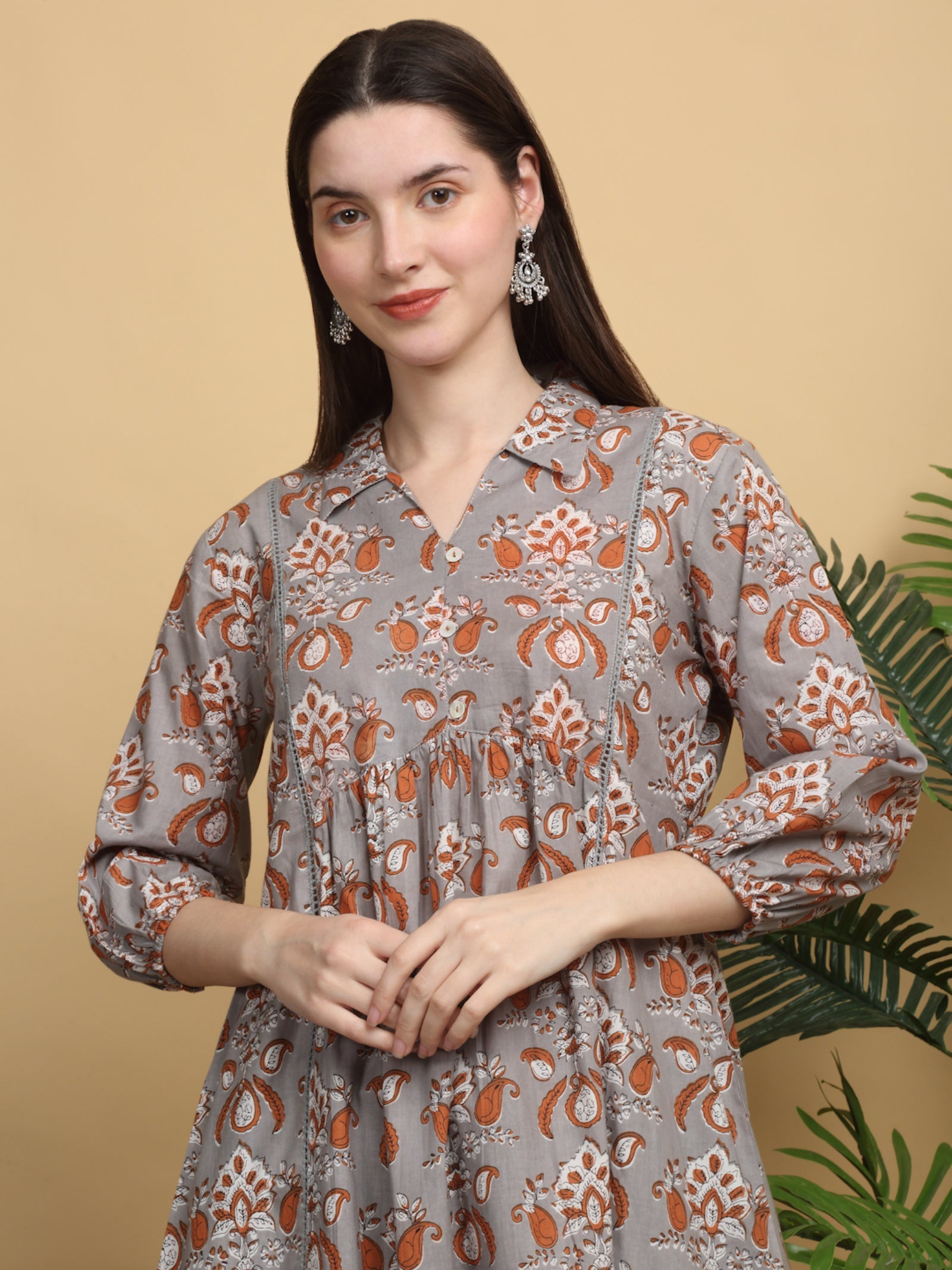 Maluka Women’s Grey Floral Cotton Thigh-Length Top with Buttons