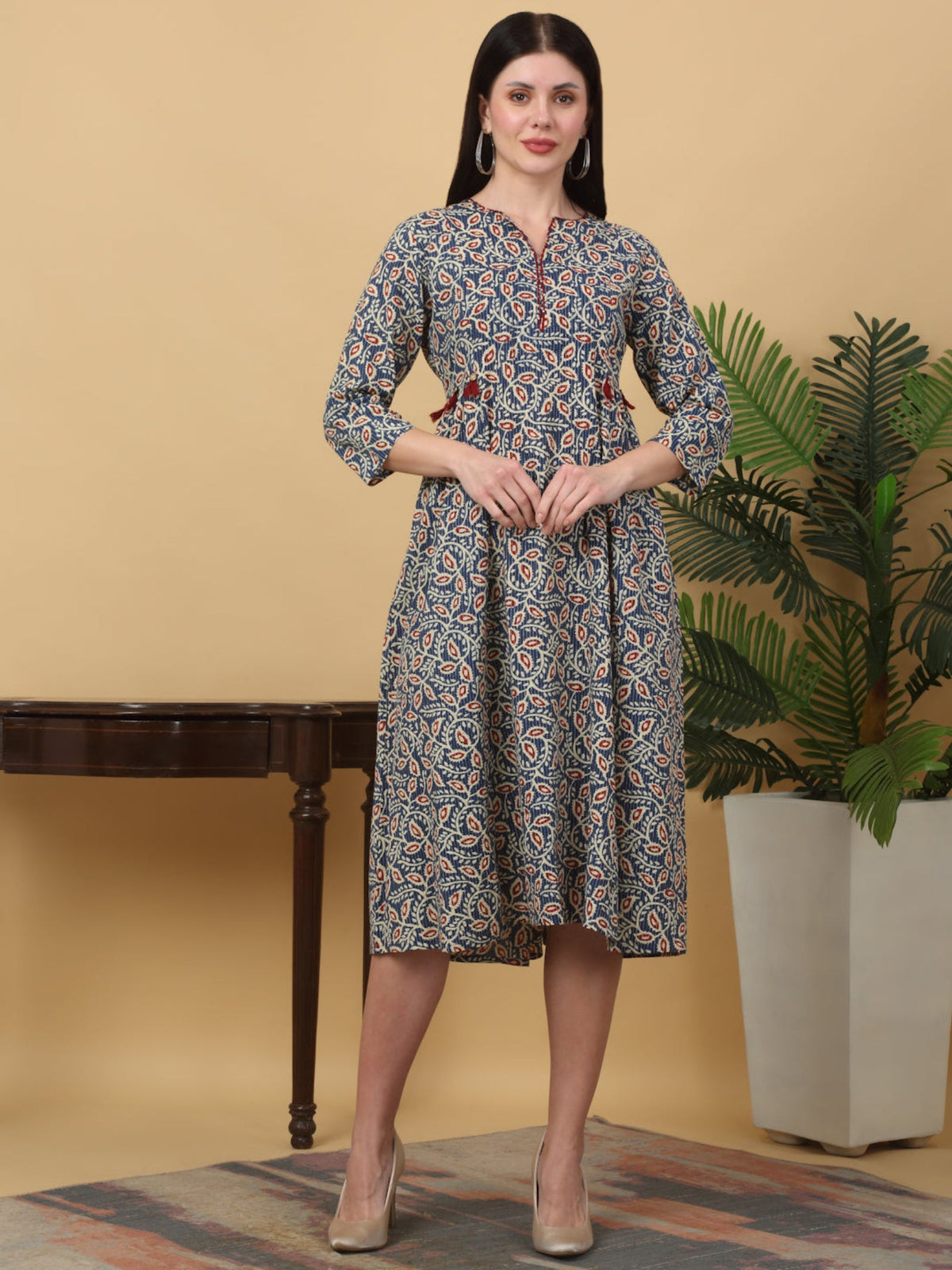Rangvastra Cotton Katha Floral Printed Kurta with Tassel Work