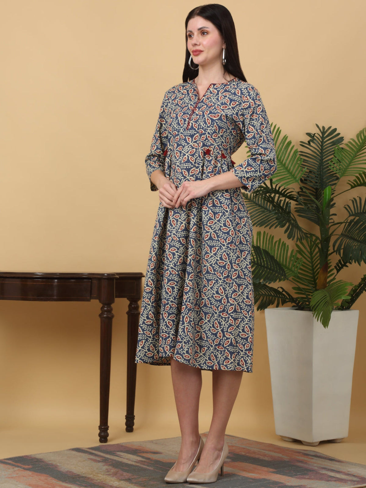 Rangvastra Cotton Katha Floral Printed Kurta with Tassel Work